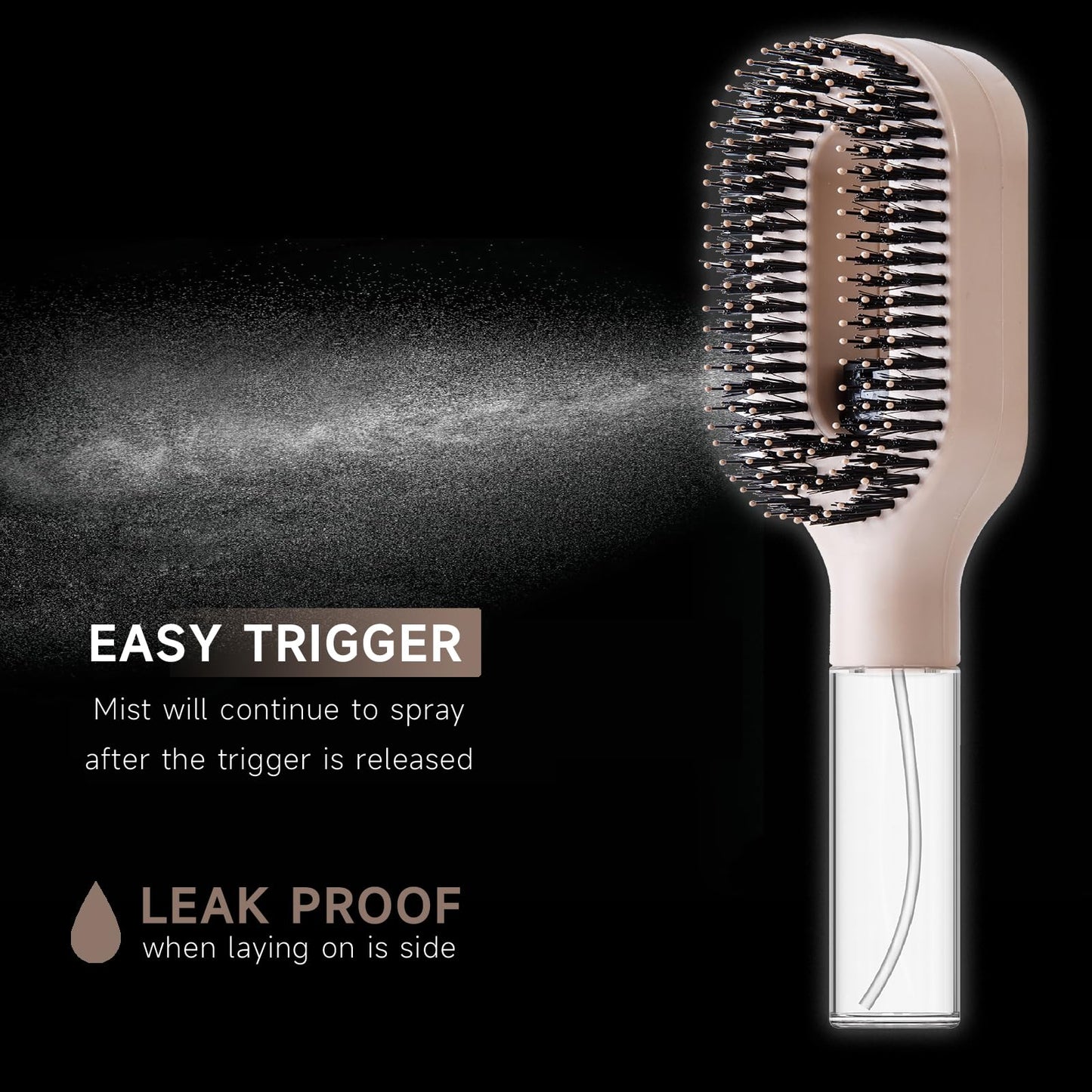 2-in-1 Manual Non-Electric Detangler Hair Brush with Built-In Mister Spray, Wet & Dry Detangling Brush for Curly, Wavy & Straight Hair, No-Tangle Anti-Frizz Brush，Reservoir 50ml.(Khaki)