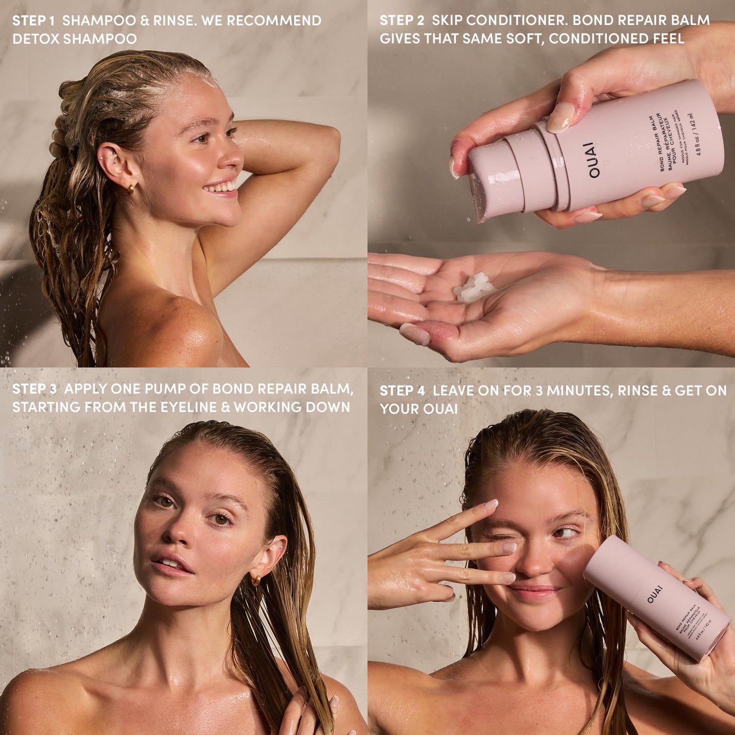 OUAI Bond Repair Balm - Travel Size In Shower Hair Treatment Mask for Dry Damaged Strands, Replaces Conditioner - Repairs & Strengthens Hair in 3 Minutes - Vegan Silk Protein + Hyaluronic Acid, 1.7oz