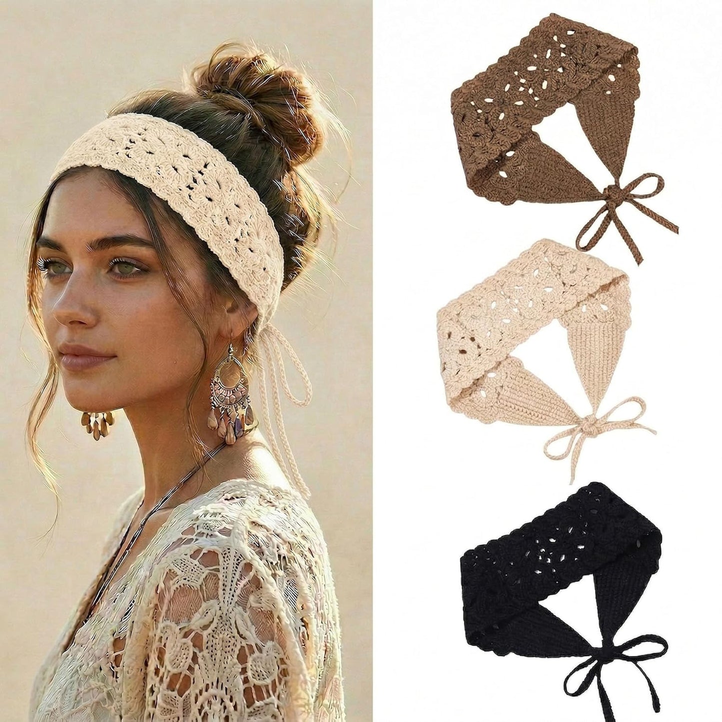 Boho Headbands for Women - 3 Pack Crochet Knit Hair Scarves | Stylish Hair Accessories