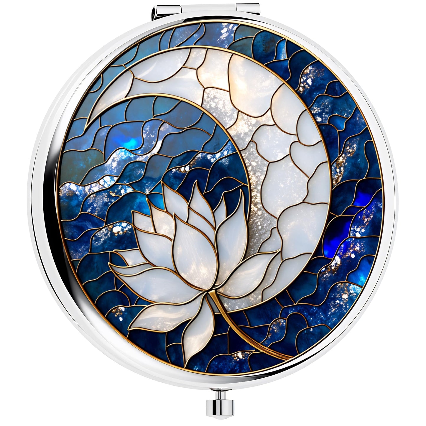 Silver Compact Mirror, 2.8x2.8inch Double-Sided Folding Makeup Mirror with Moon Lotus Stained Design, Ideal Gift for Women