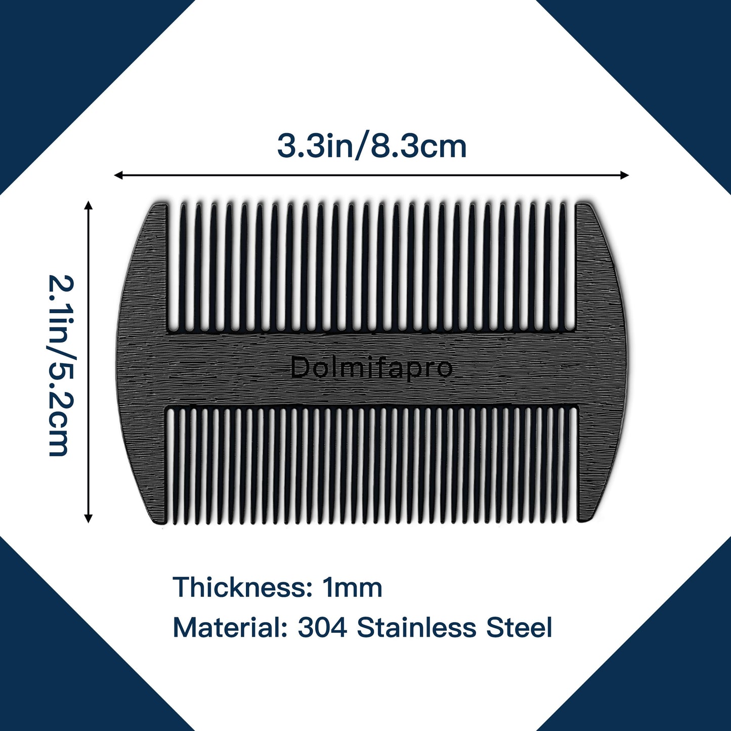 Dolmifapro 304 Stainless Steel Pocket Beard Comb for Men, Anti-Static Dual Fine Coarse Teeth Ultra-Thin Mustache Hair Grooming Comb with PU Leather Case (black)