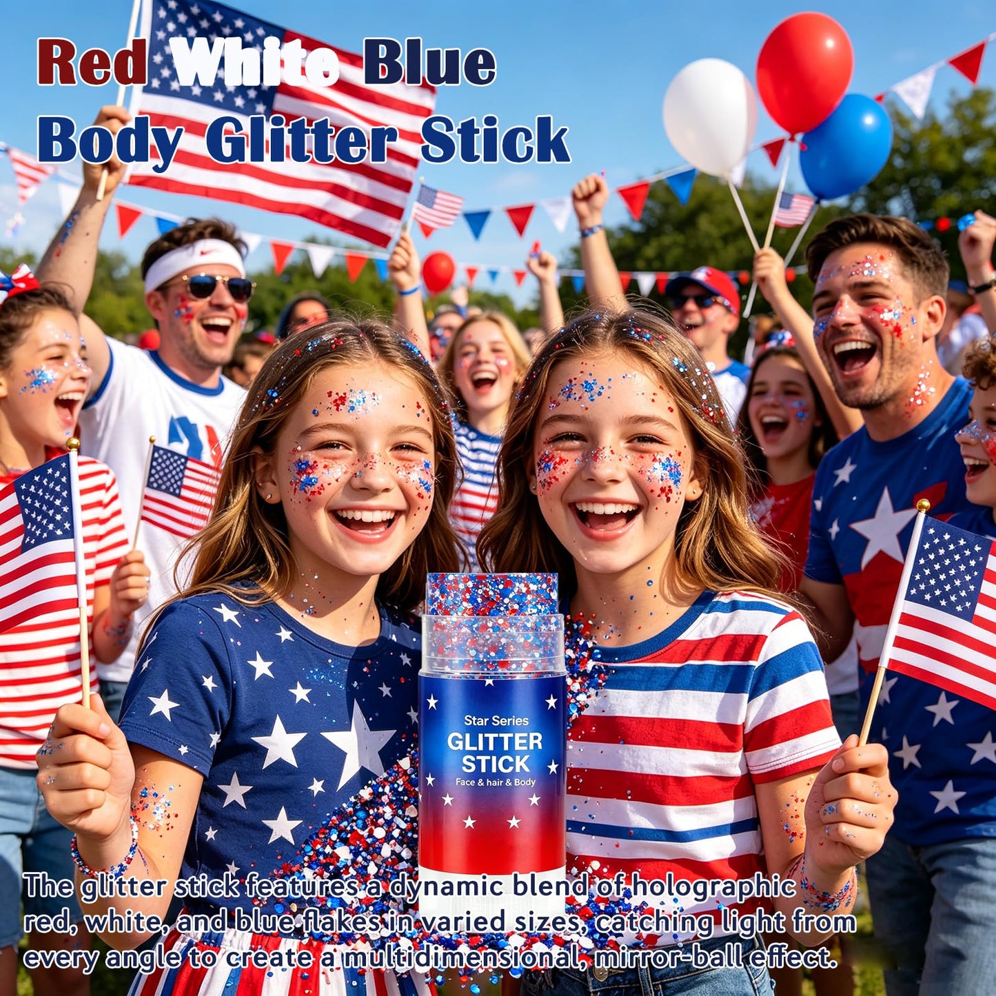 Patriotic 4th of July Body Glitter Stick, Hair Glitter for Kids, Red White and Blue Star Face Glitter Stick, USA Flag Makeup for 250th Independence Day Accessories, 4th of July Outfits for Women