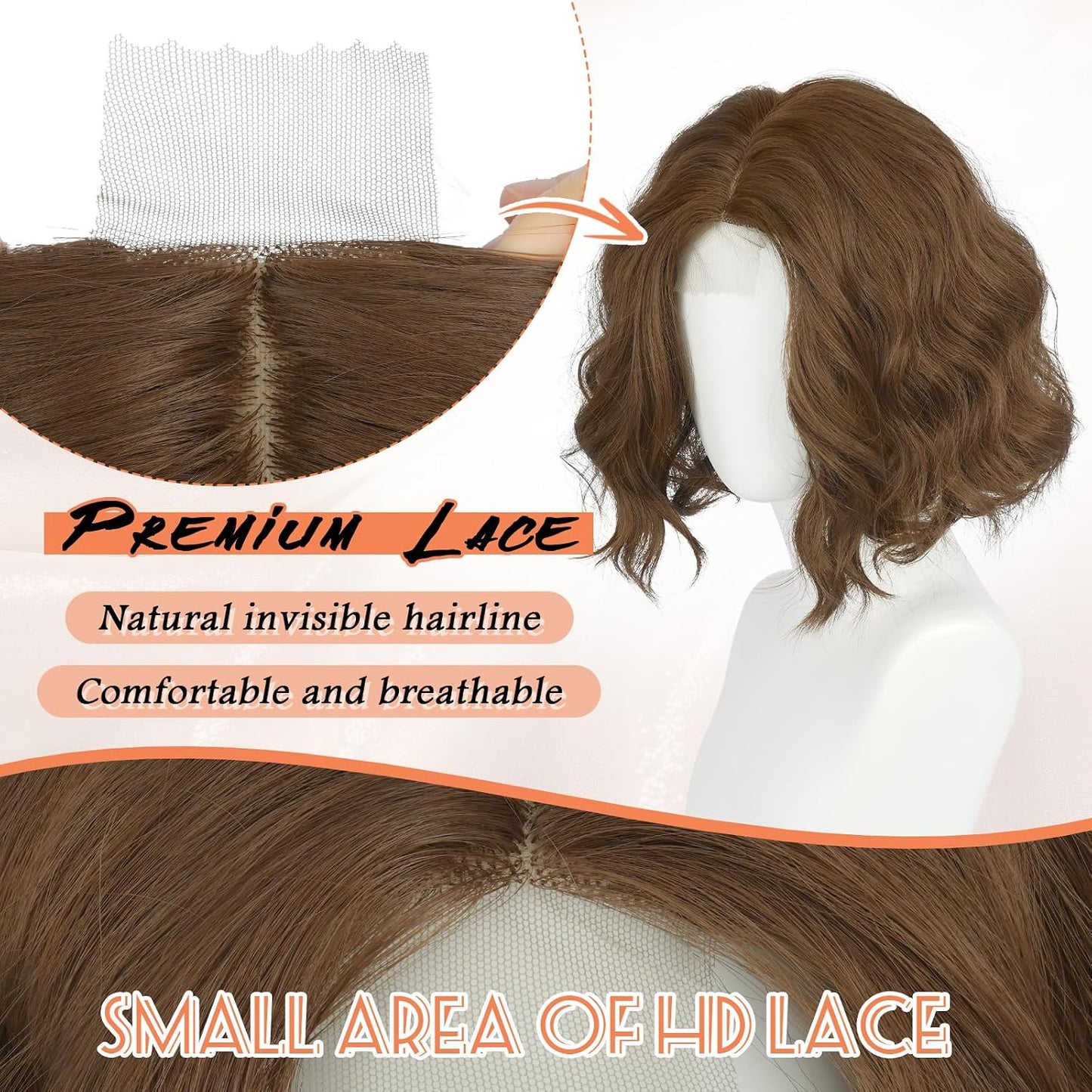 Brown Bob Wig for Women - Lace Front Short Soft Wavy Curly Synthetic Hair | 11 Inch Golden Brown