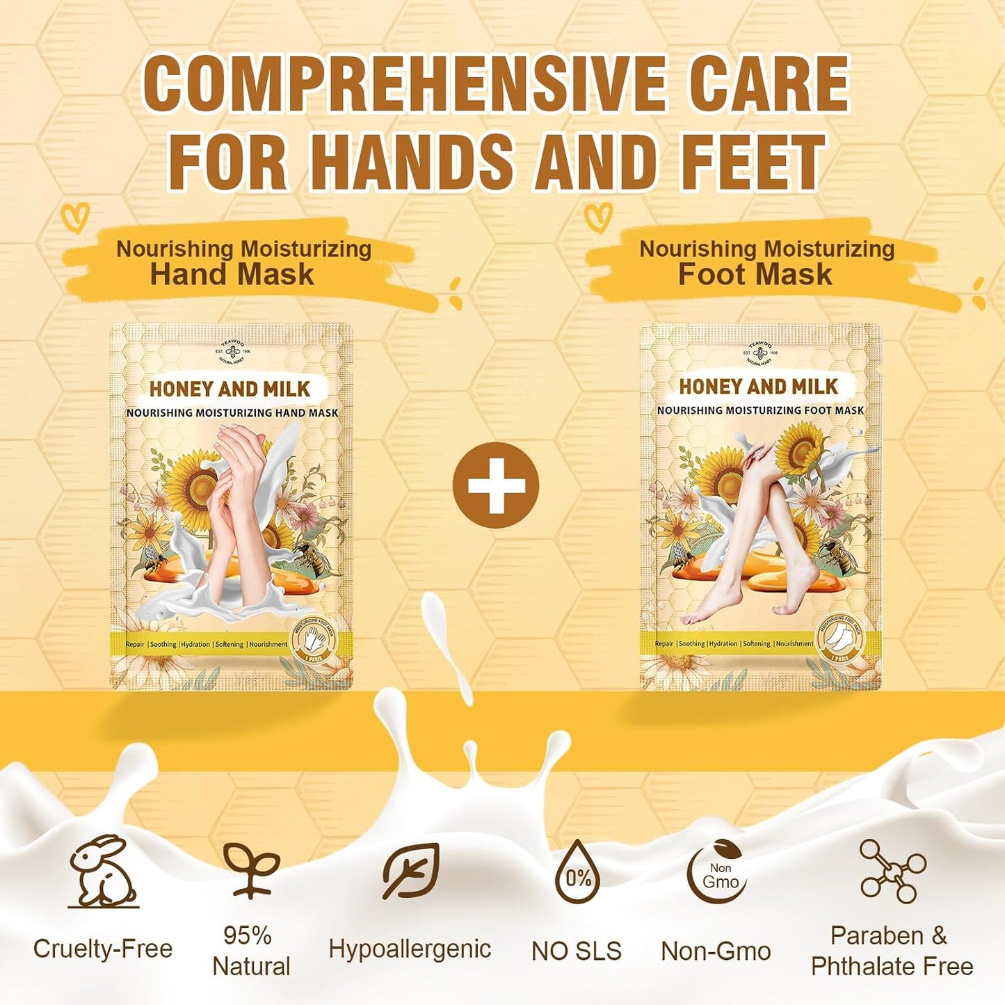 Hydrating Hand and Foot Mask Set - Moisturizing Socks for Dry, Cracked Heels | Honey & Milk, Vitamin E, 3 Pairs Each