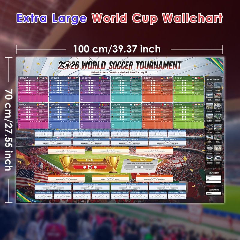 AhfuLife Extra Large World Cup Tournament Schedule Poster, 39.4" x 27.6", 1 Pc Soccer Calendar Wall Chart Decorations, 2026 Soccer Tournament Wallchart for Fans Home Office Bar Party Decor
