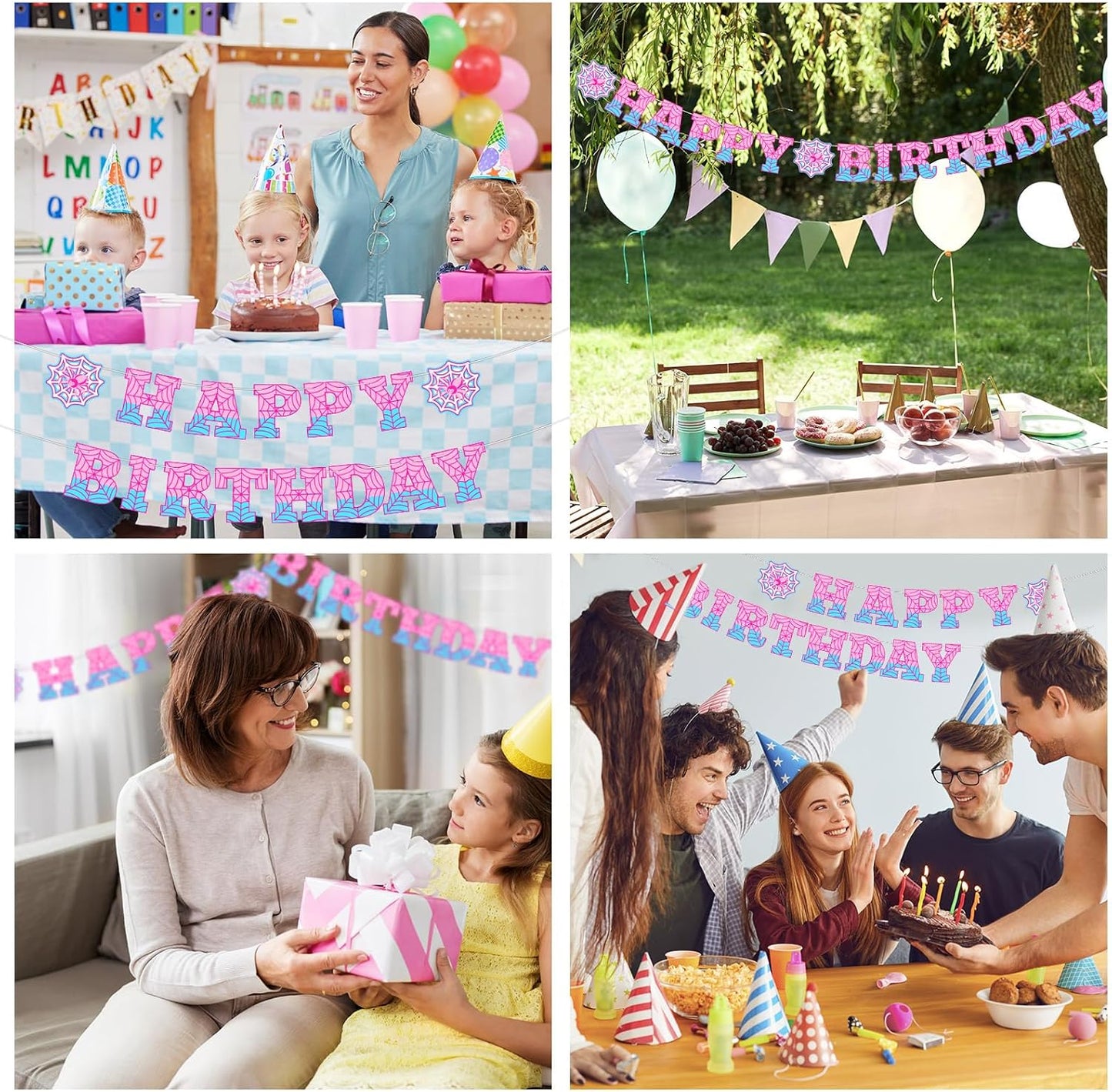 Spider Theme Birthday Banner - Pre-Strung Spider Web Decor for Kids' Parties | Pink & Blue
