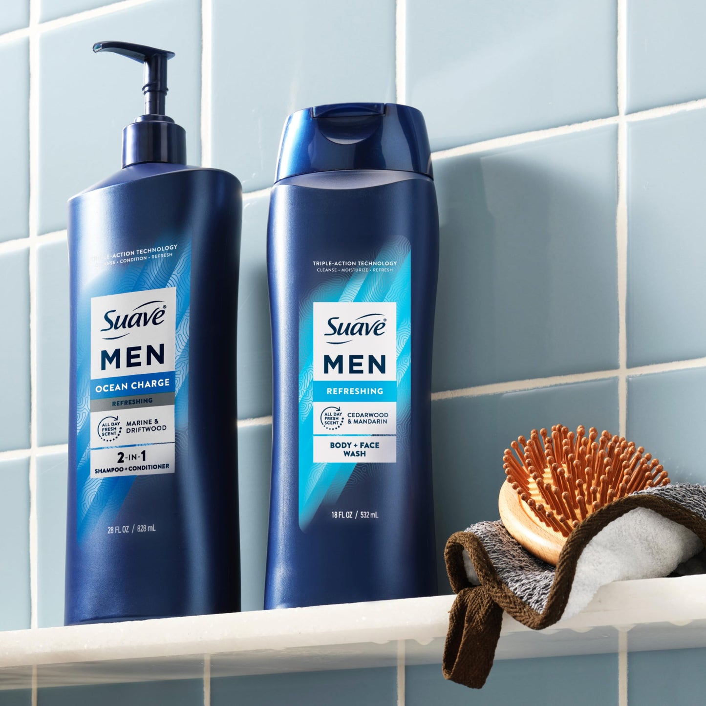 Suave Men Ocean Charge 2 in 1 Refreshing Shampoo & Conditioner with Pro Vitamin B5, Hydrates & Revitalizes Hair, Ocean Fresh Scent, 4 Count, 28 FL OZ Pump
