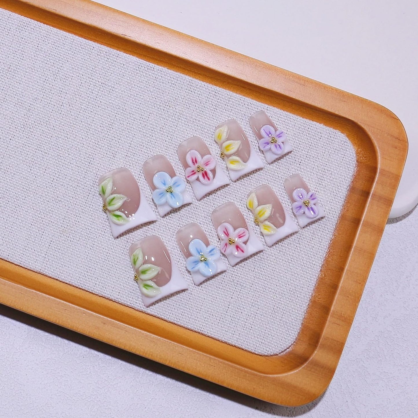 Colorful 3D Flower Press-On Nails - Handmade Thick Acrylic Full Cover | White French Tip (Medium)