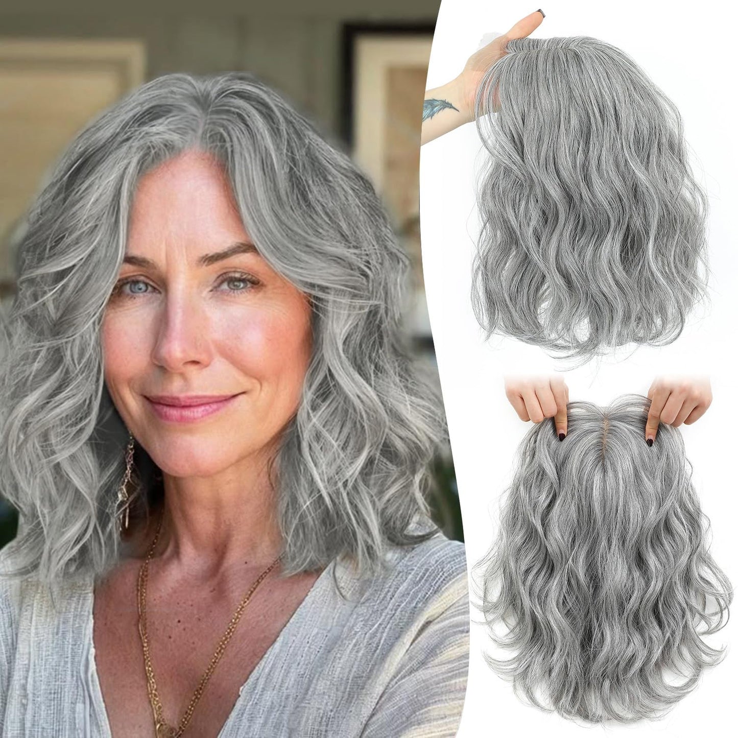 Short Wavy Hair Topper for Women - 11 Inch Natural Synthetic Hairpiece, Lightweight & Breathable | Dark Brown, 6.5"x6.5" Base