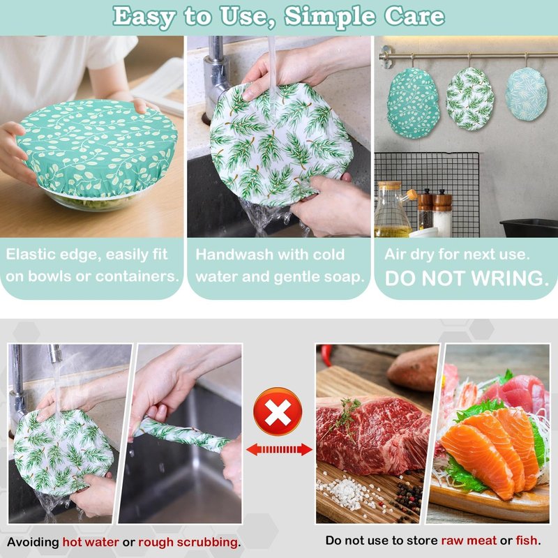 Revahope 5-Size Reusable Beeswax Bowl Covers for Bread Proofing, Cotton Cloth Flexible Beeswax Wraps for Food Storage(Green Leaves)