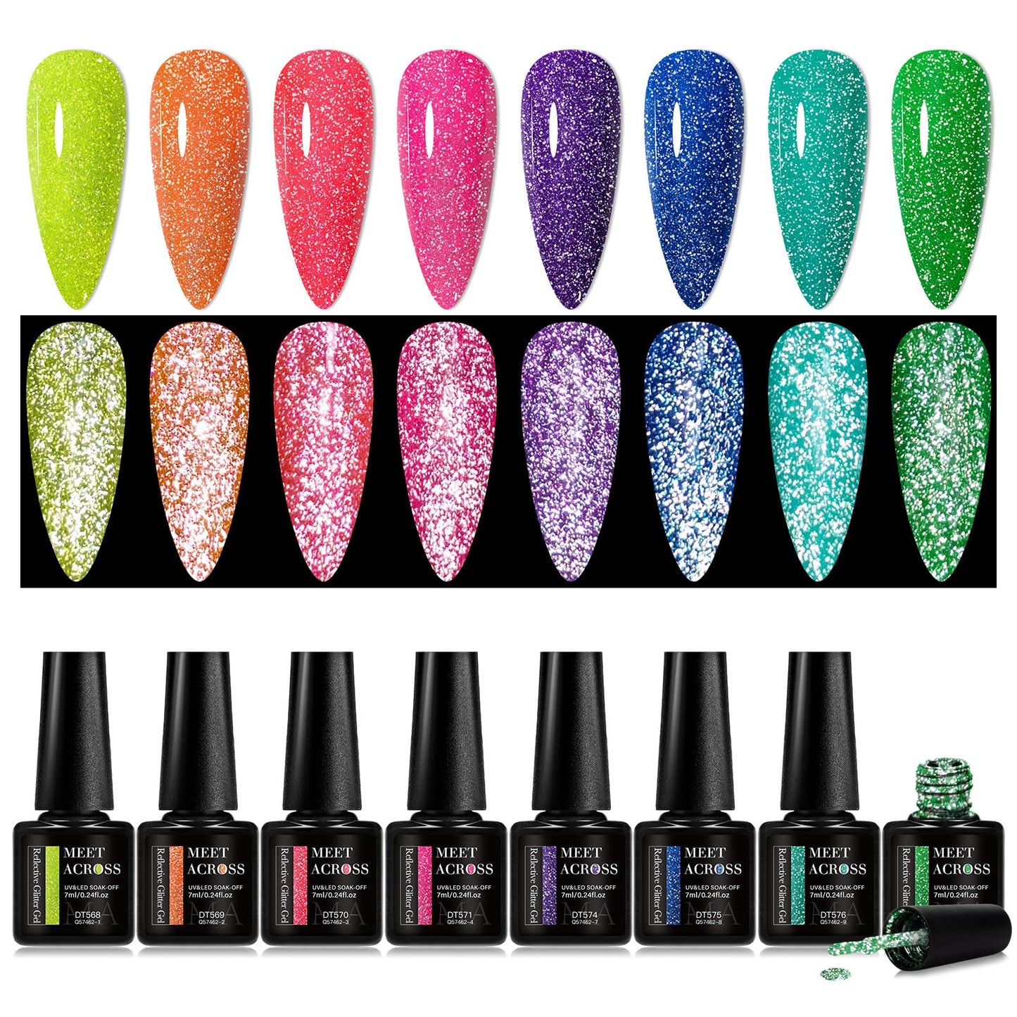 MEET ACROSS 8Pcs Neon Glitter Gel Nail Polish Set, Fluorescent Gel Polish Pink/Lavender/Orange/Green Fluorescent Shades Nail Polish for Daily & Holiday DIY Salon