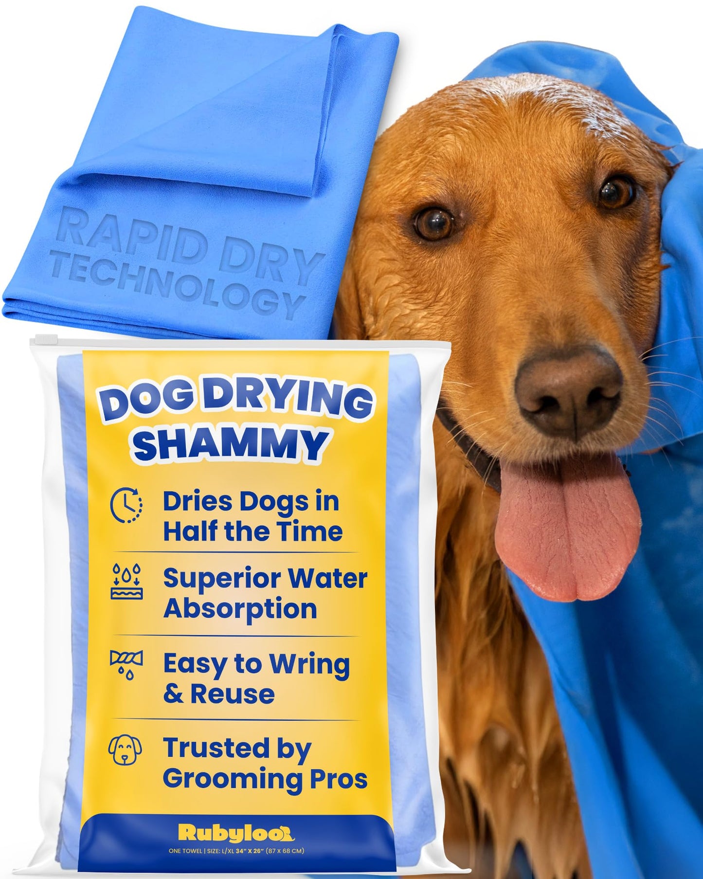 rubyloo Shammy Dog Towels for Drying Dogs Large - 34" x 26" Ultra Absorbent Technology Dries Dogs 2X Faster - Easy to Wring Out & Reuse - Compact for Bath, Swim, Rain, Travel, Cooling - 1 Pack
