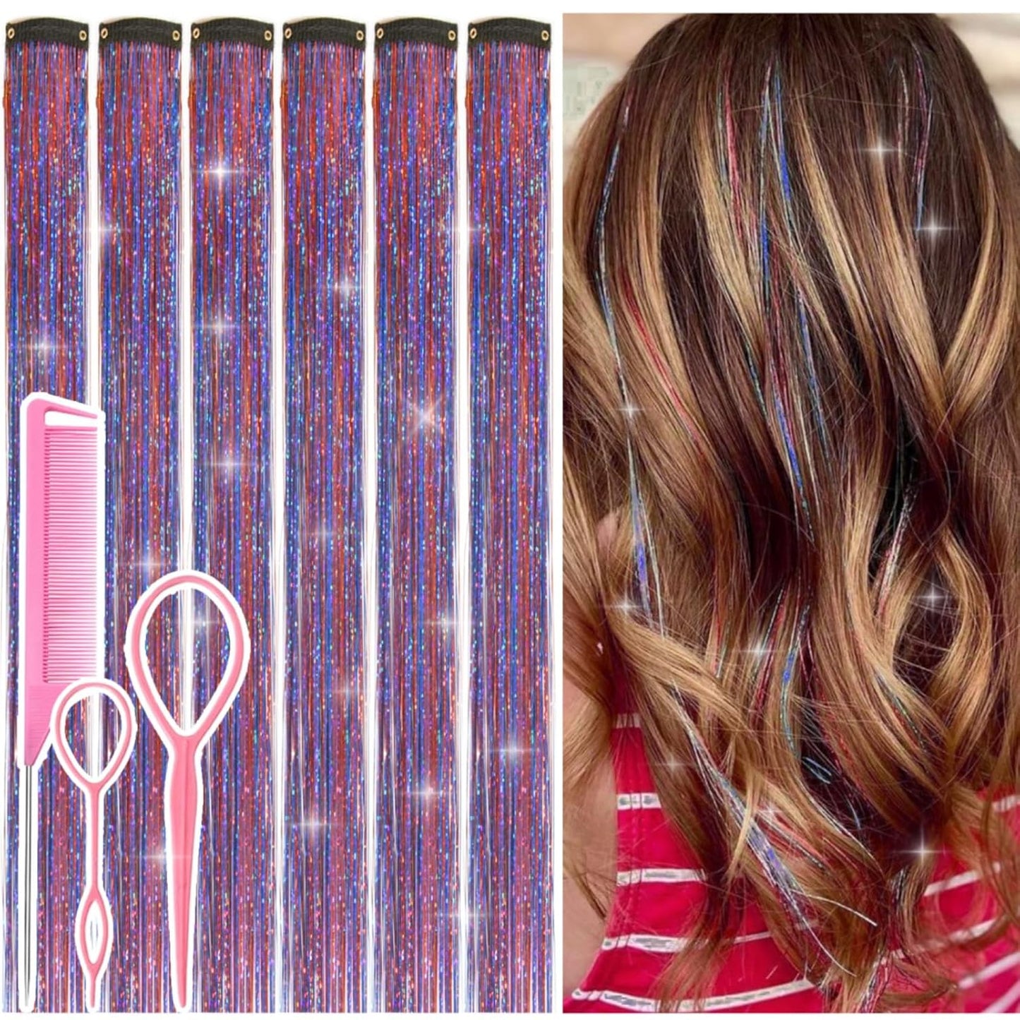Hair Tinsel Kit - 12 Pcs Colorful Glitter Clip-In Extensions | 24 Inch for Girls, Women & Kids