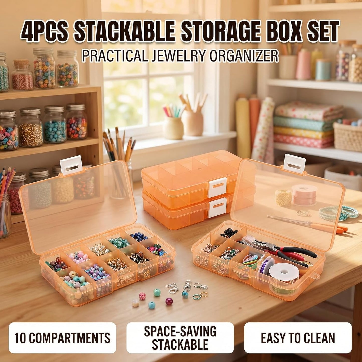 Stackable Plastic Organizer Boxes - 4-Pack Jewelry & Craft Storage Case | Waterproof Bead, Nail & Tackle Holder (Orange)