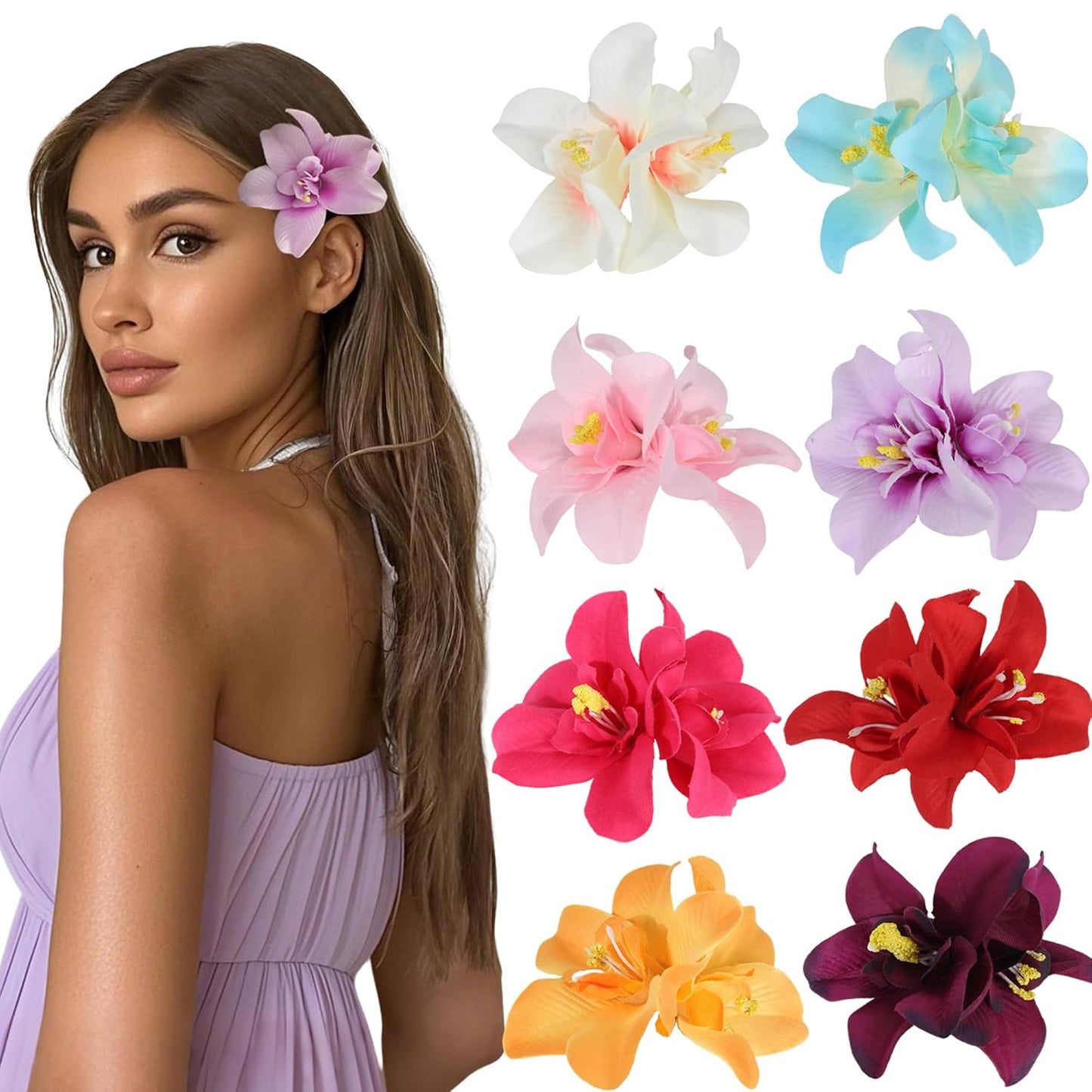 Hawaiian Flower Hair Clips - Bohemian Orchid Hairpins | 7pcs Tropical Bridal Accessories (4 Inches)