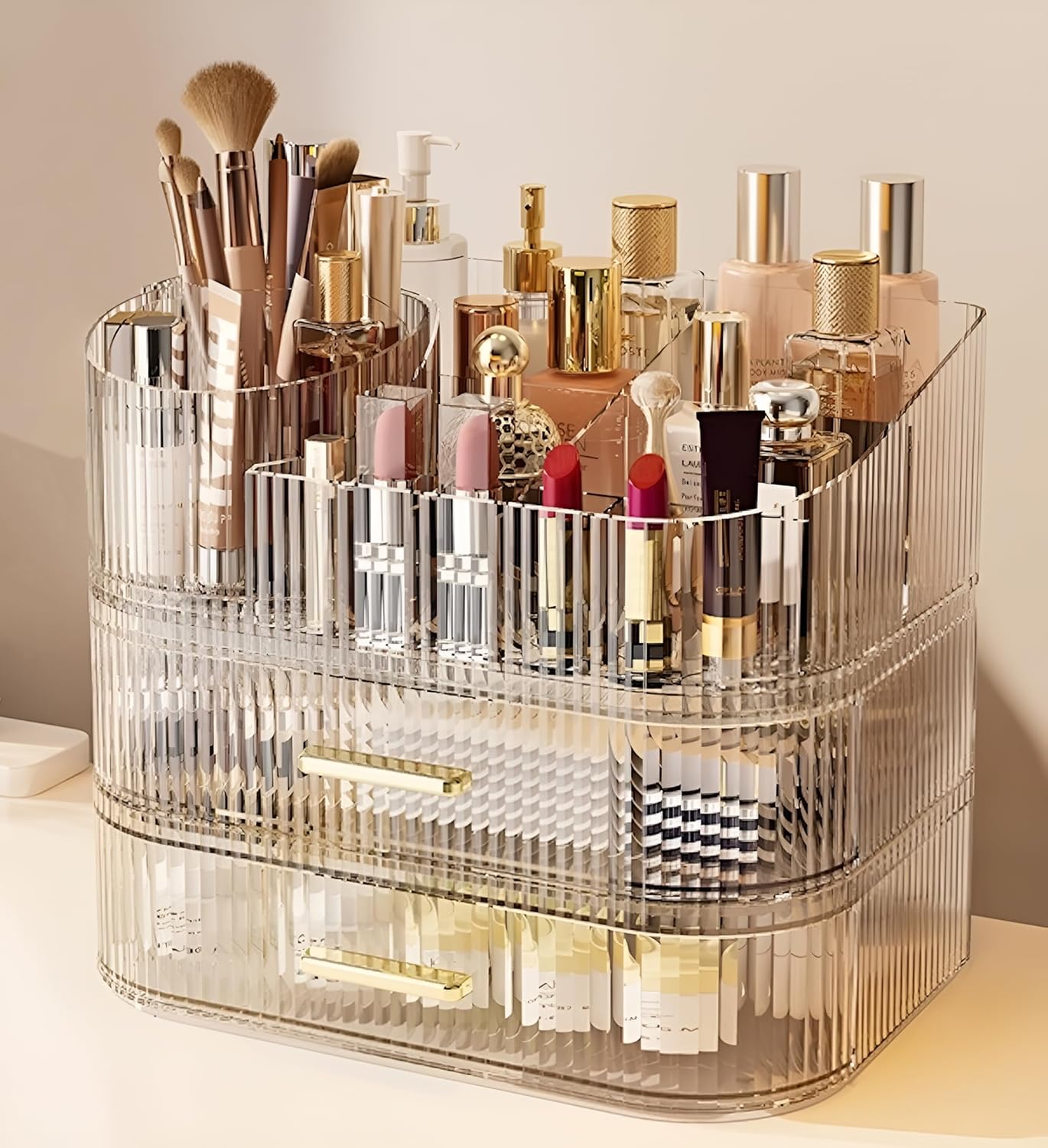 Makeup Organizer - 360° Rotating Brush Holder & Large Capacity Storage | Cream White, 3-Layer Design for Vanity & Accessories
