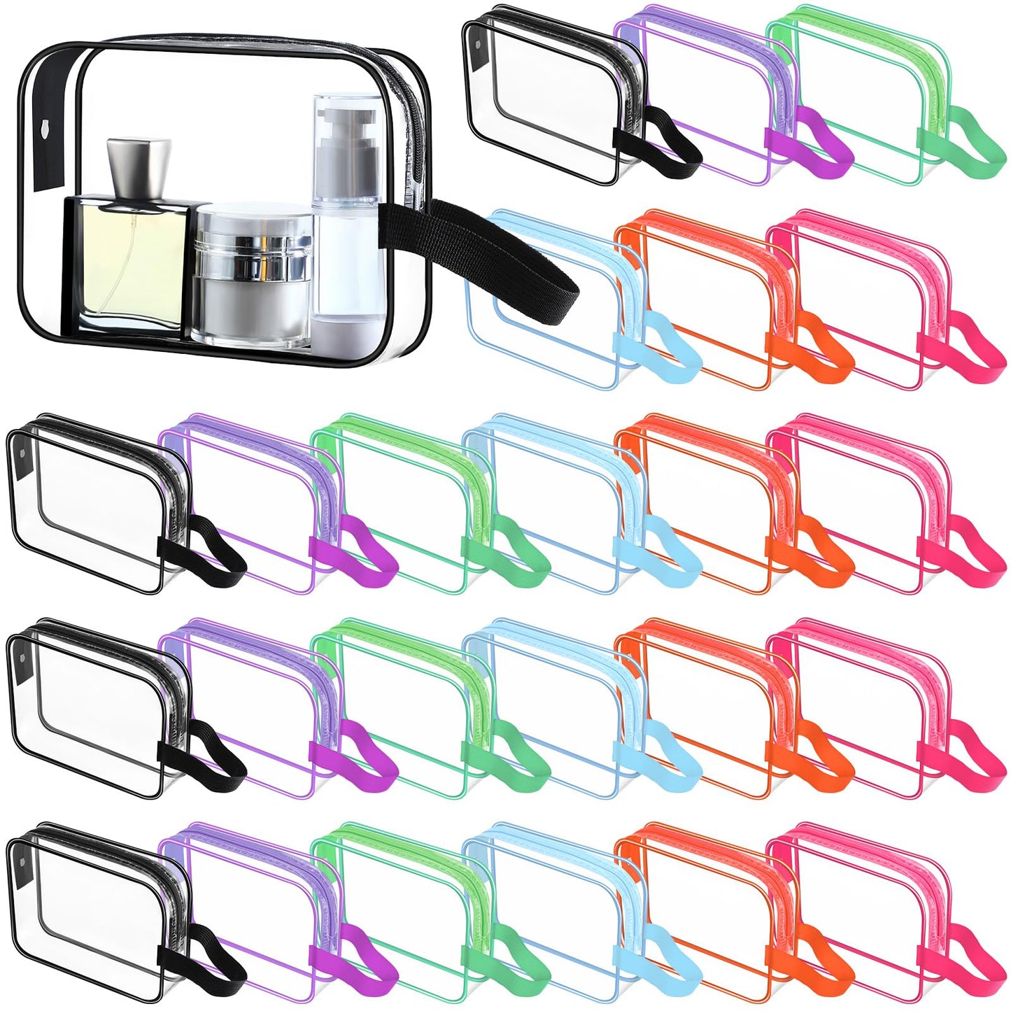 Silkfly 24 Pack Vivid Color Clear Toiletry Bag PVC Travel Cosmetic Bag with Handle Strap Makeup Pouch with Zipper for Women Summer Vacation Salon Teacher Gift