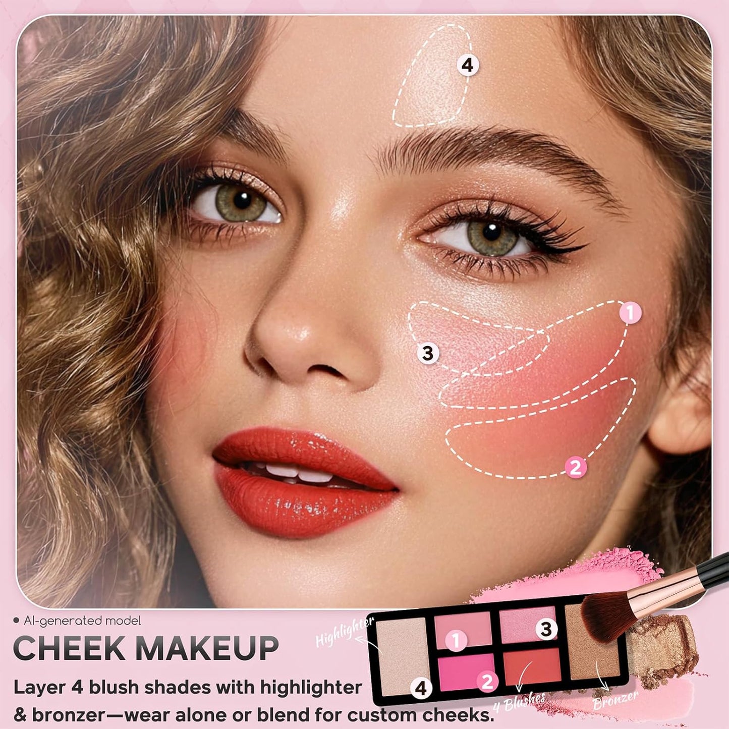 Beginner Makeup Kit for Teens - 24-Color Eyeshadow Palette, Blush, Bronzer & Brushes | Pink Cosmetic Train Case Included
