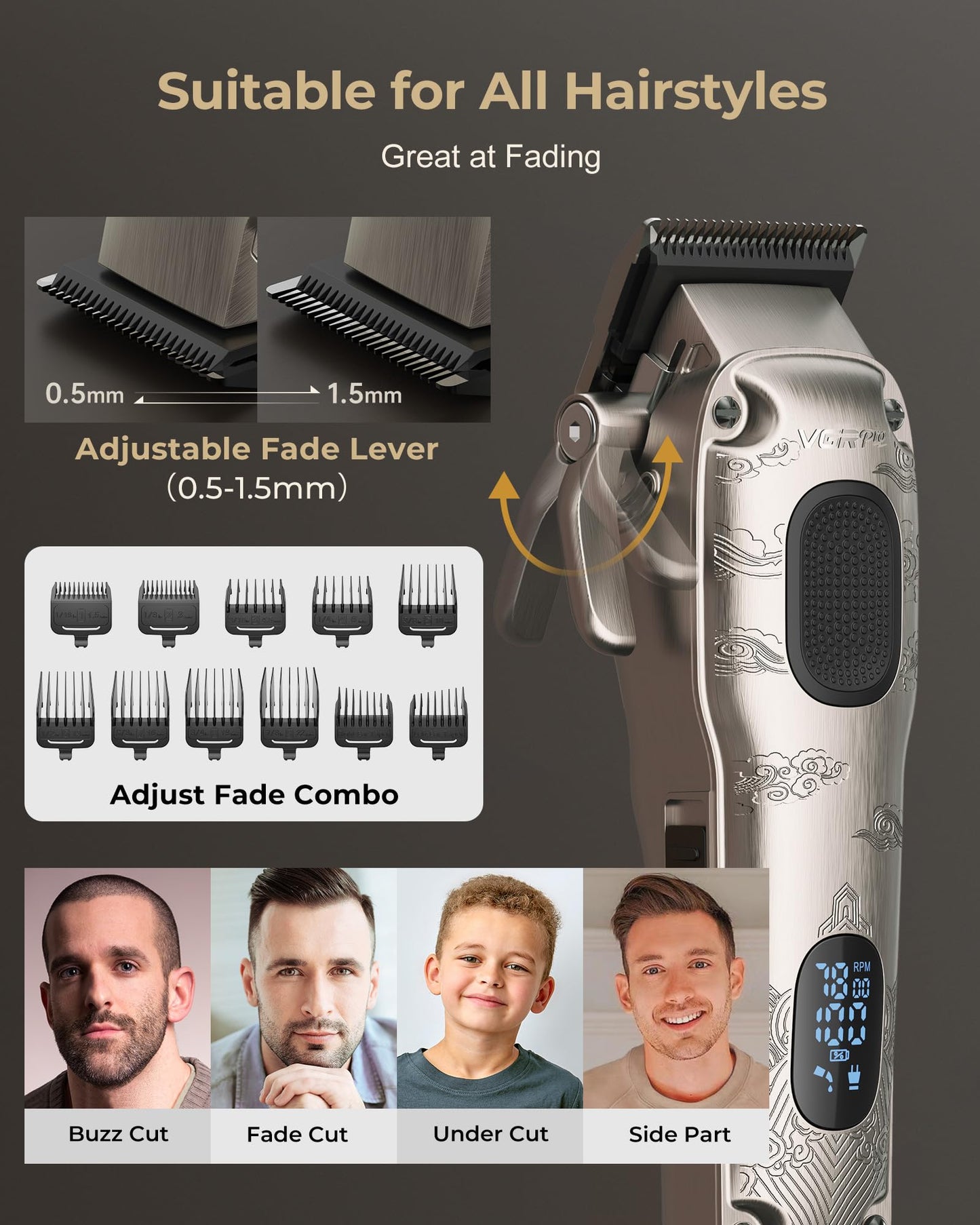 VGRPRO Hair Clippers for Men Professional, Cordless Hair Clippers for Hair Cutting, Mens Clippers and Trimmers Set, Electric Hair Trimmer for Men with Package Case (Silver)