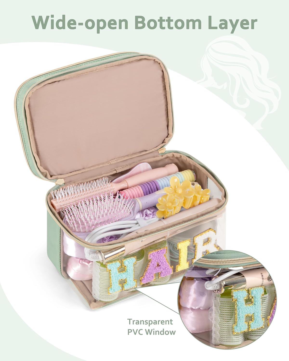 Double Layer Hair Accessories Organizer - Preppy Patch Makeup Bag | Portable Travel Cosmetic Pouch for Women - Green