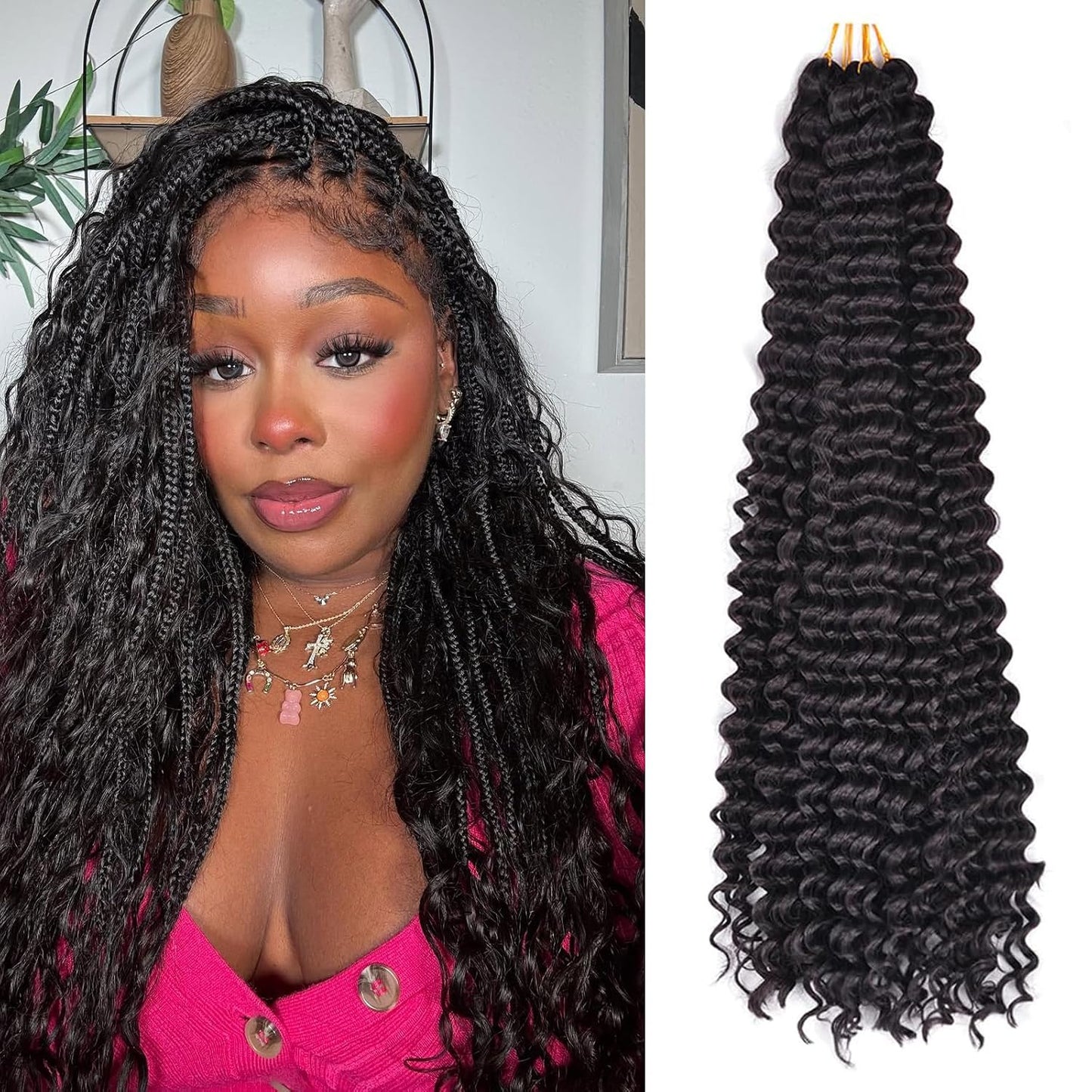 Ocean Wave Crochet Hair Extensions - Deep Wave Synthetic Braiding Hair for Women | 24 Inch, #1B (Pack of 2)