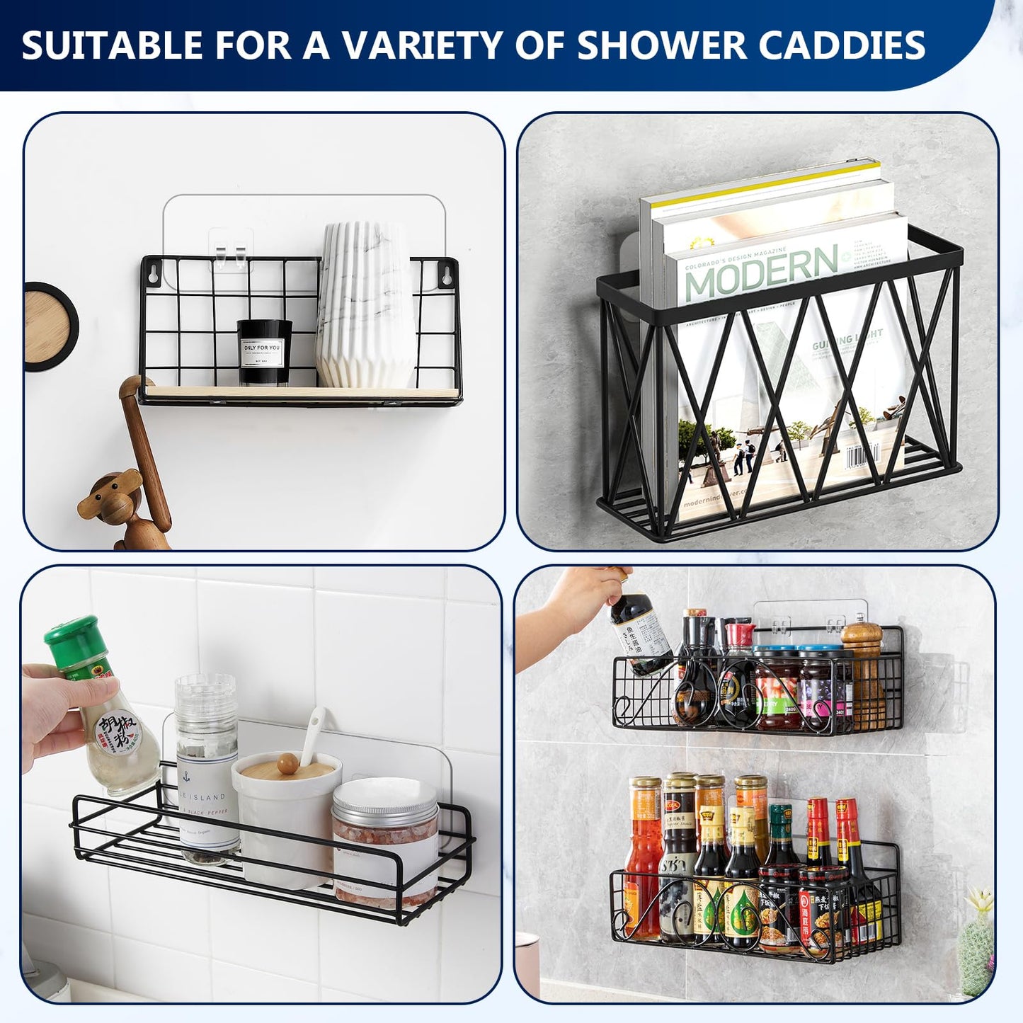 HAOBAOBEI 9-Pack Shower Caddy Adhesive Replacement, Transparent Adhesive Hooks Stickers, Strong Hook Strip for Shower Caddy Basket Shelf, Soap Holder, Bathroom Storage Corner Shelves, Kitchen Racks