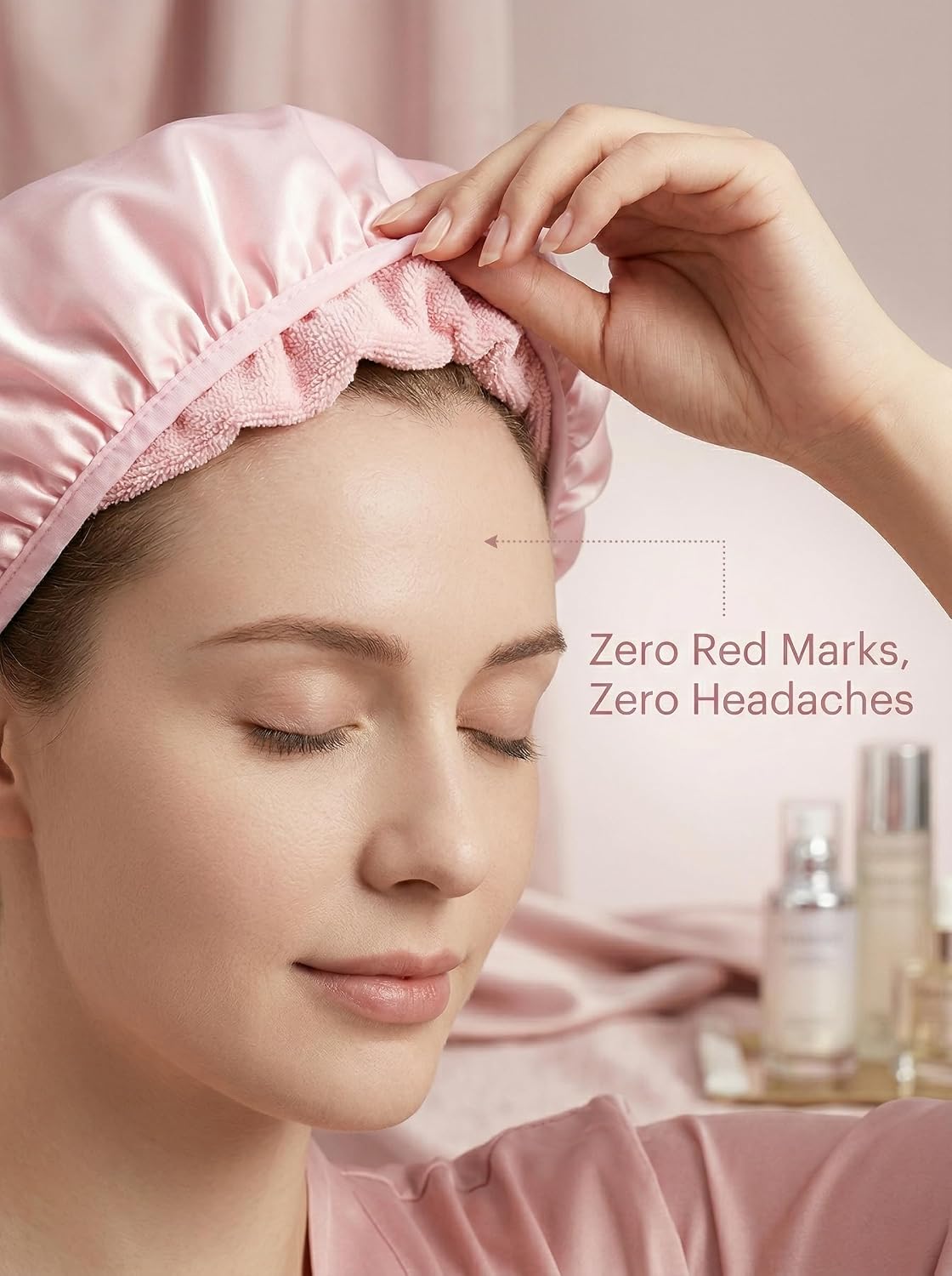 Aquior Shower Cap - Triple Layer Waterproof Bath Cap for Long Hair | Extra Large Silky Satin (Pink)