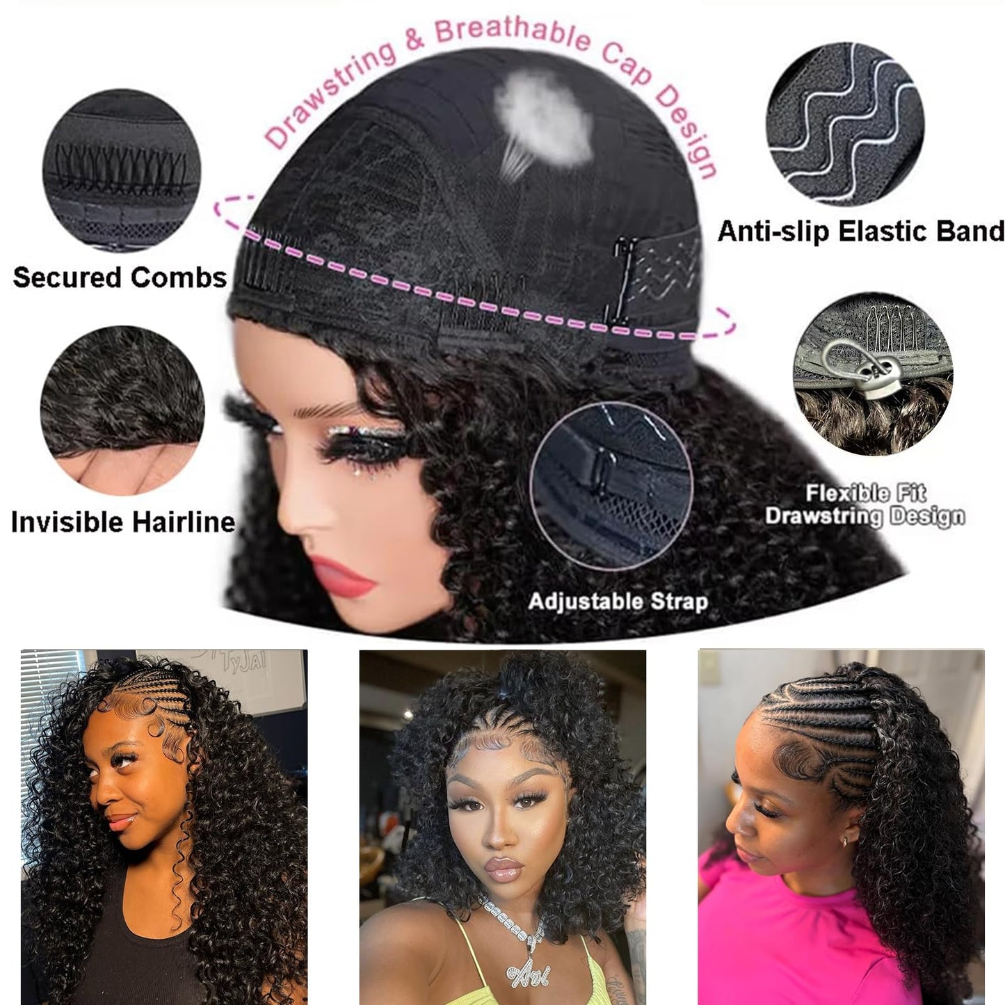 Maytune Half Wig Human Hair Deep Wave 24 Inch 200% Density Curly Half Wig 3 In 1 Drawstring Seamless Flip Over Headband Half Wigs for Black Women Human Hair Beginner Friendly