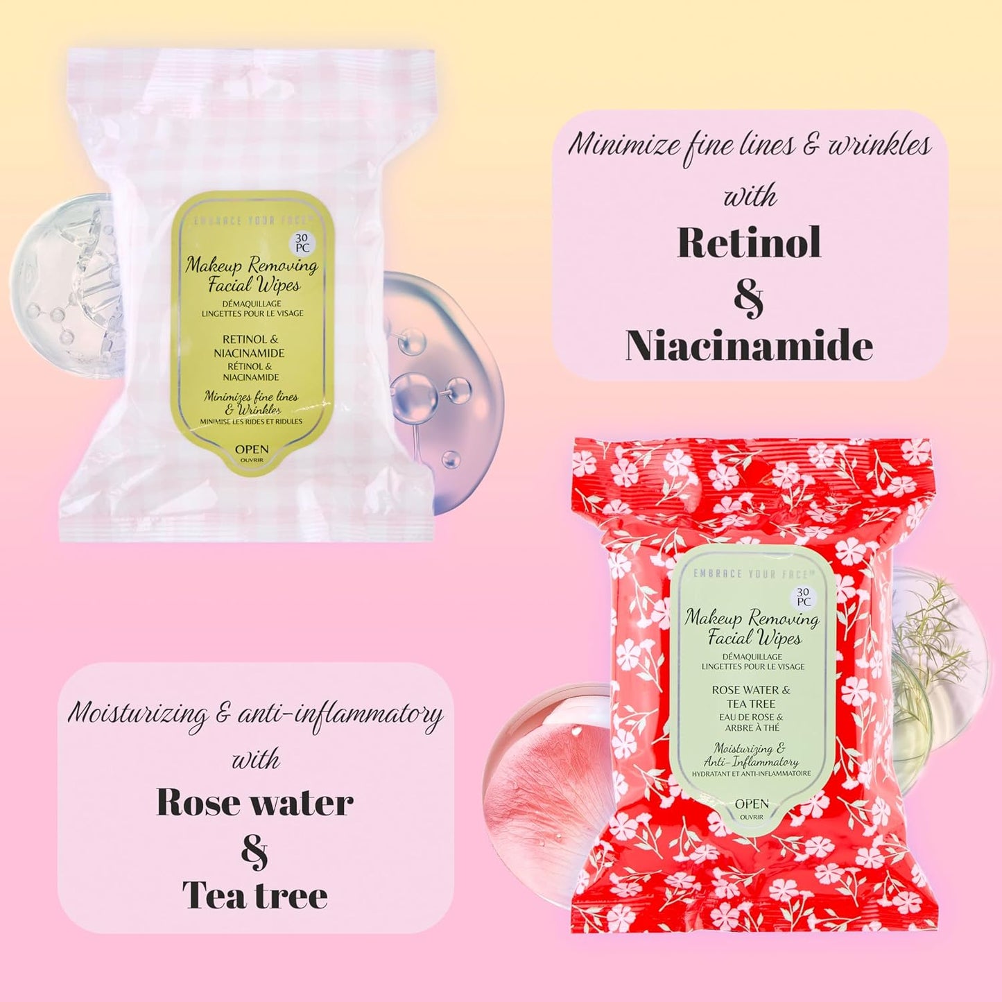 Makeup Removal Wipes - 120pc Variety Set with Hyaluronic Acid, Collagen & Rose Water | 4-Pack Cleansing Towelettes