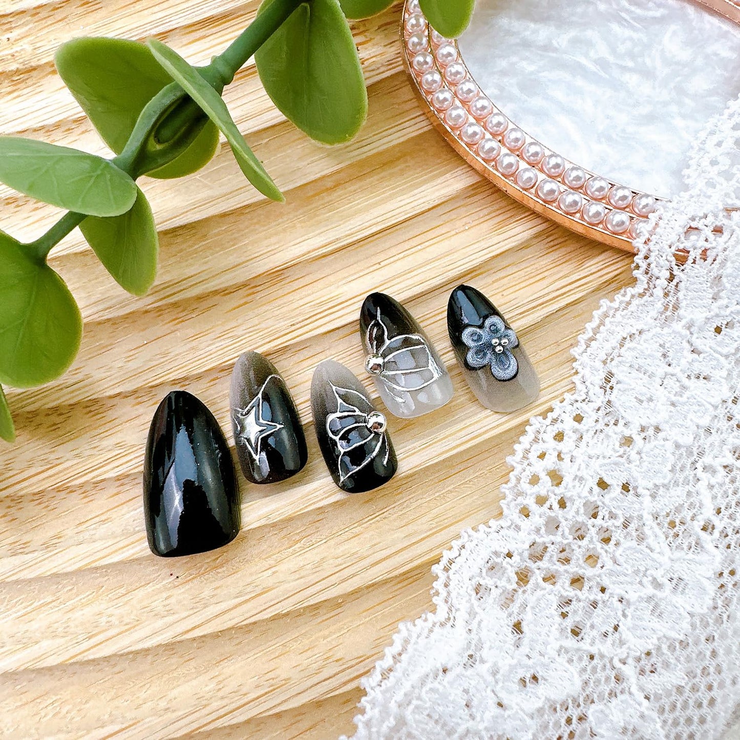 30Pcs Black Press-On Nails - Short Almond Shape with 3D Flower Designs | Summer Butterfly Acrylic Full Cover
