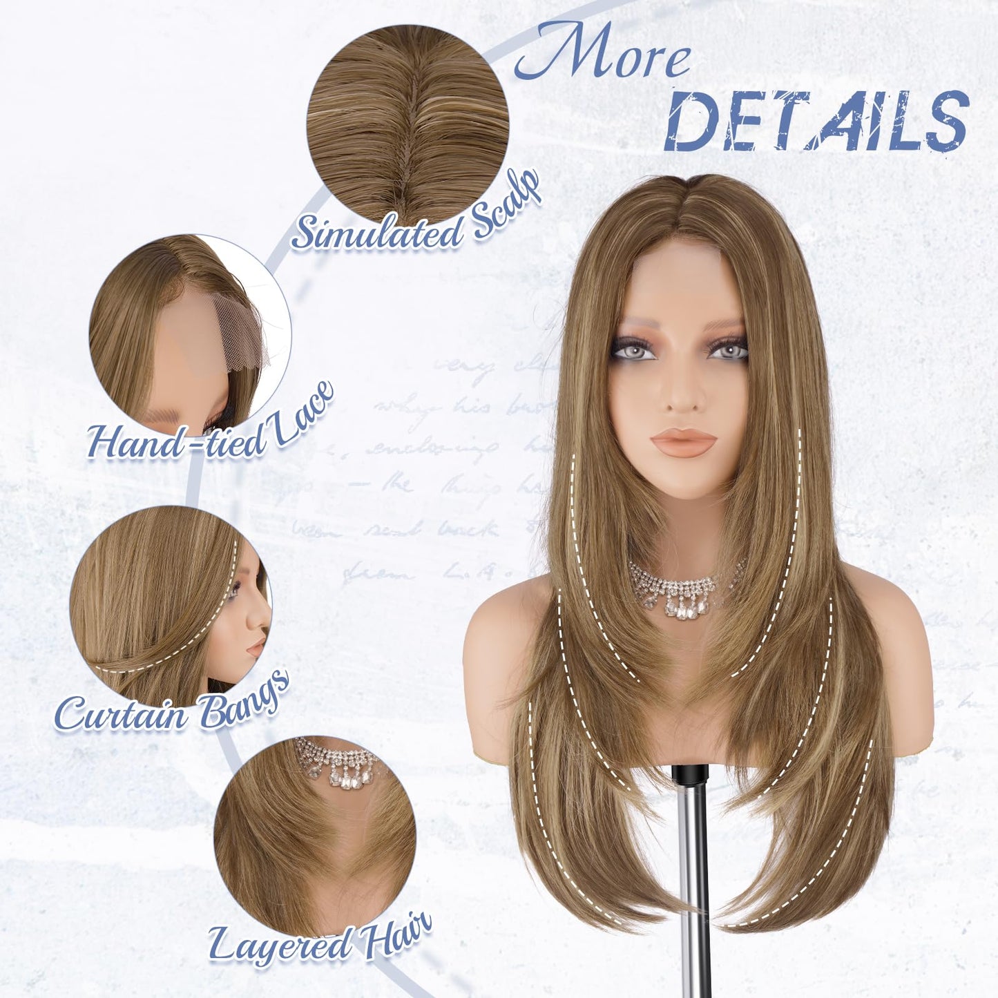 Haloo Brown Blonde Wig with Curtain Bangs - Lace Front Hairline Middle Part Long Layered Natural Looking Straight Synthetic Hair Wigs for Women Daily Party, 24 Inch Brown Mixed Blonde