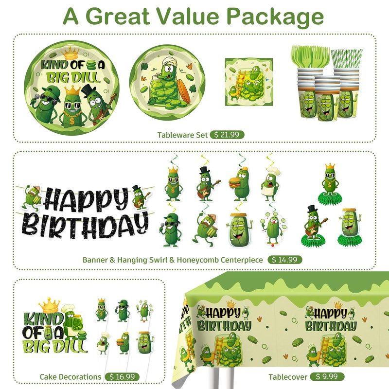 Pickle Party Decorations Funny Pickle Cucumber Happy Birthday Banner Cake Topper Balloons Cartoon Pickle Plates and Napkins with 2 Pcs Pickle Birthday Tablecloth Decorations