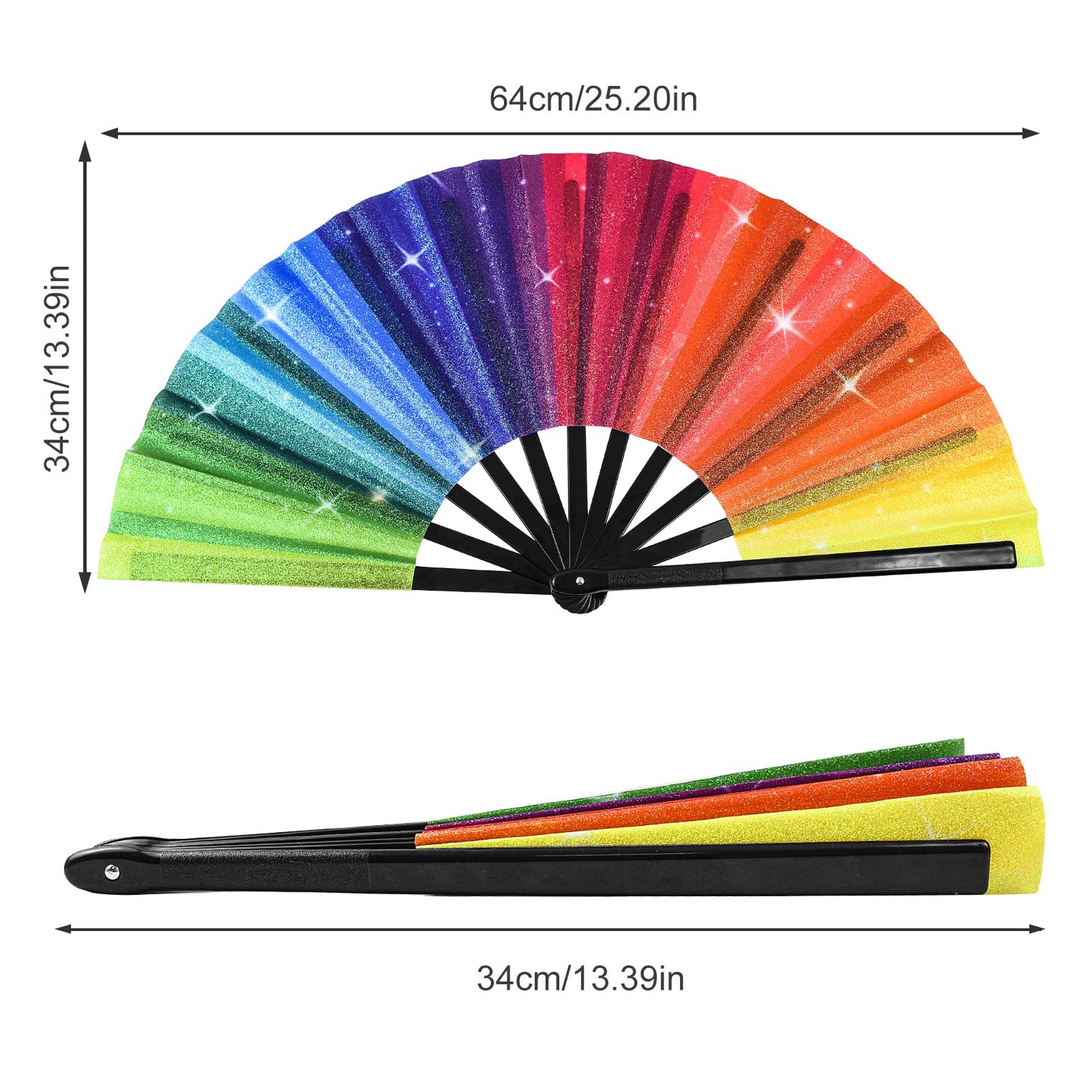 Large Rainbow Hand Fan Rave Clack Folding Fan Handheld Holographic Glitter Festival Foldable Silk Fan with Fabric Case for Men Women Gift Line Dancing Performance Gay Pride Day Parade Party Cosplay