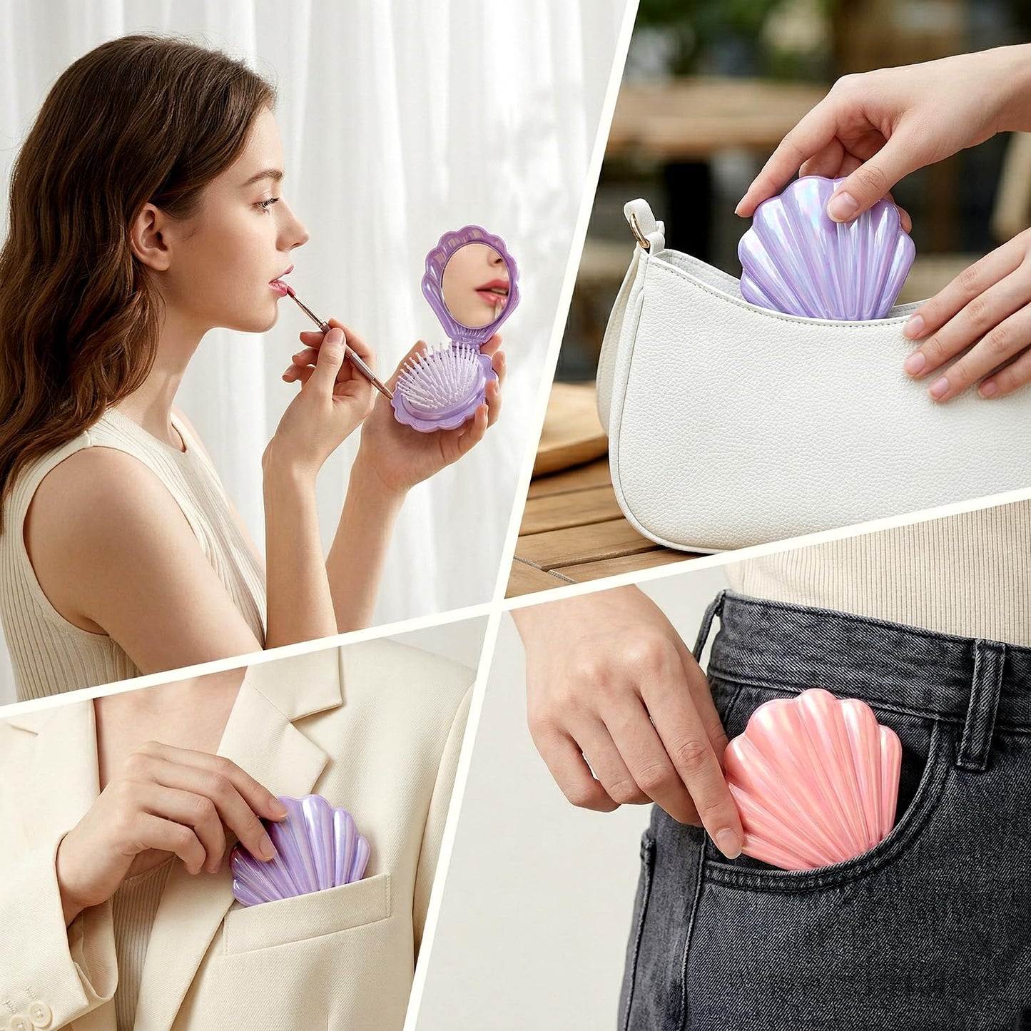 2 PCS Shell Foldable Travel Hair Brush with Mirror, Portable Iridescent Shell Folding Hair Brush Compact Travel Size Pocket Hairbrush Metallic Shinning Mini Massage Comb for Women (Purple, Pink)