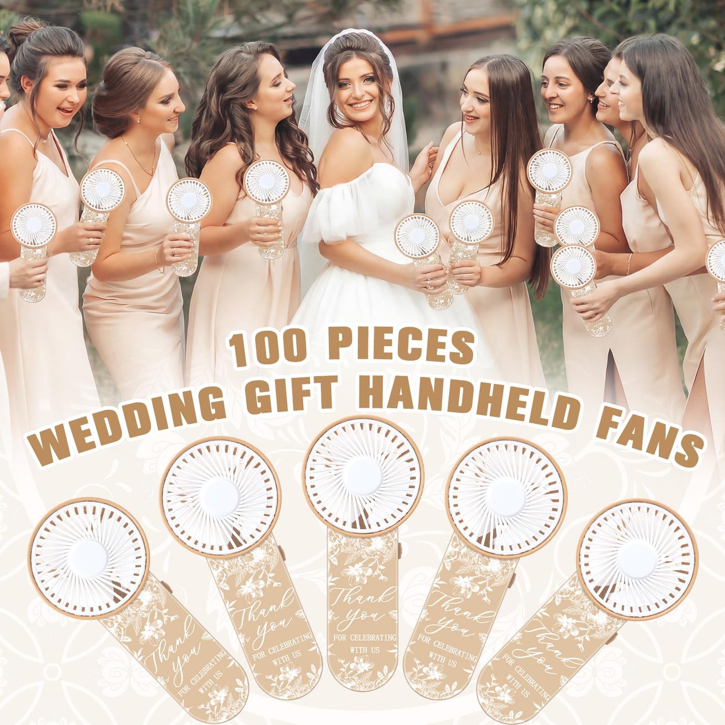 Tujoe 100 Pcs Wedding Handheld Fans for Guests Mini Personal Portable Fans Bulk Thank You for Celebrating with Us Fan for Wedding Bridal Shower Party Favors Summer Travel (Beige Botanical Lace)