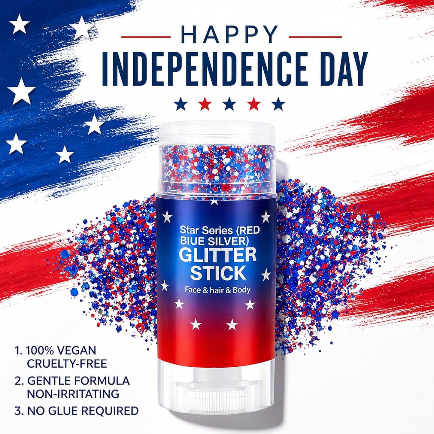 Patriotic Body Glitter Stick - Red, White & Blue Makeup for 4th of July | Perfect for Women & Kids