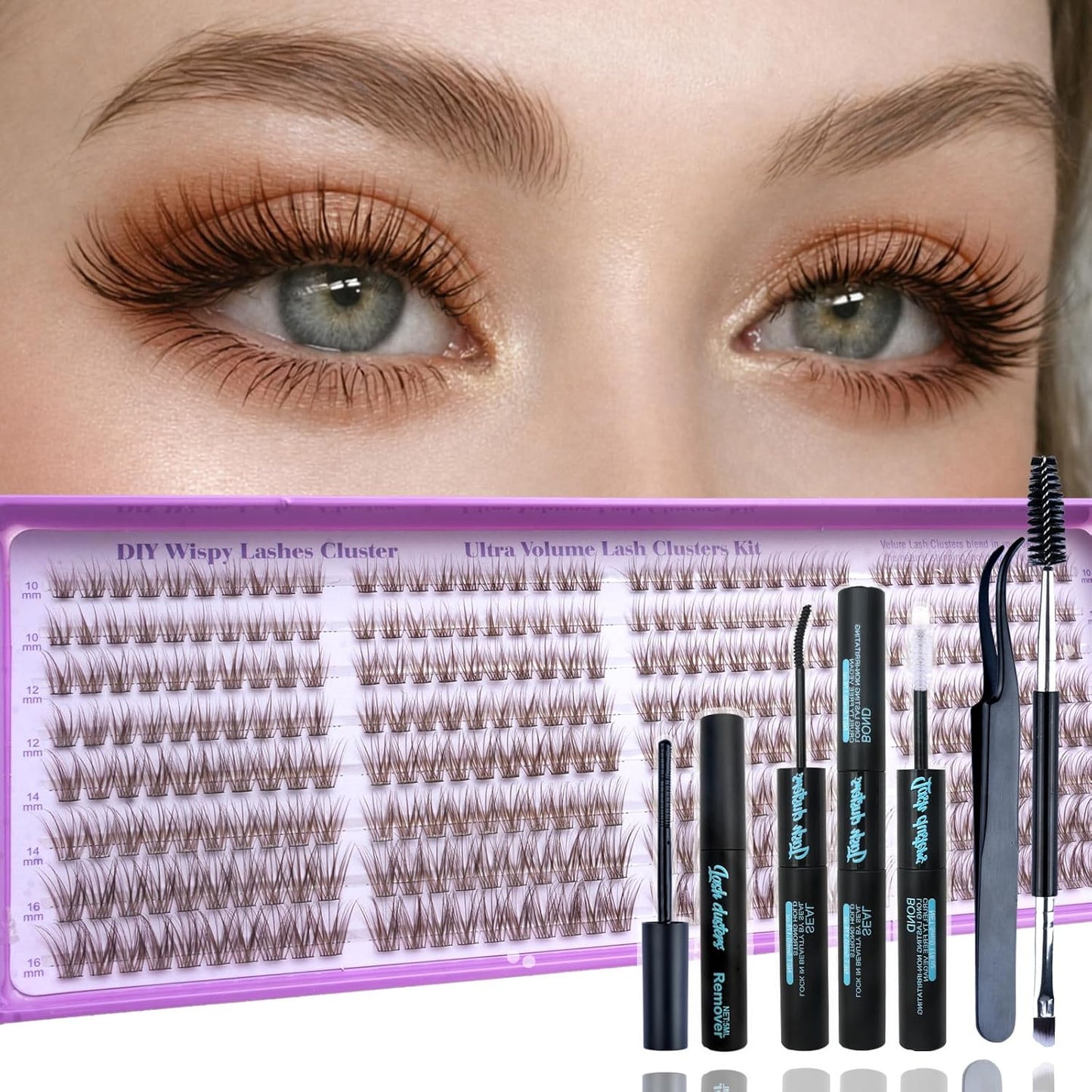 Natural Lash Cluster Eyelash Extensions Kit - 320 Pcs C Curl 10-16mm Fluffy False Lashes | DIY Beginner-Friendly Set with Bond Seal, Remover & Tweezers