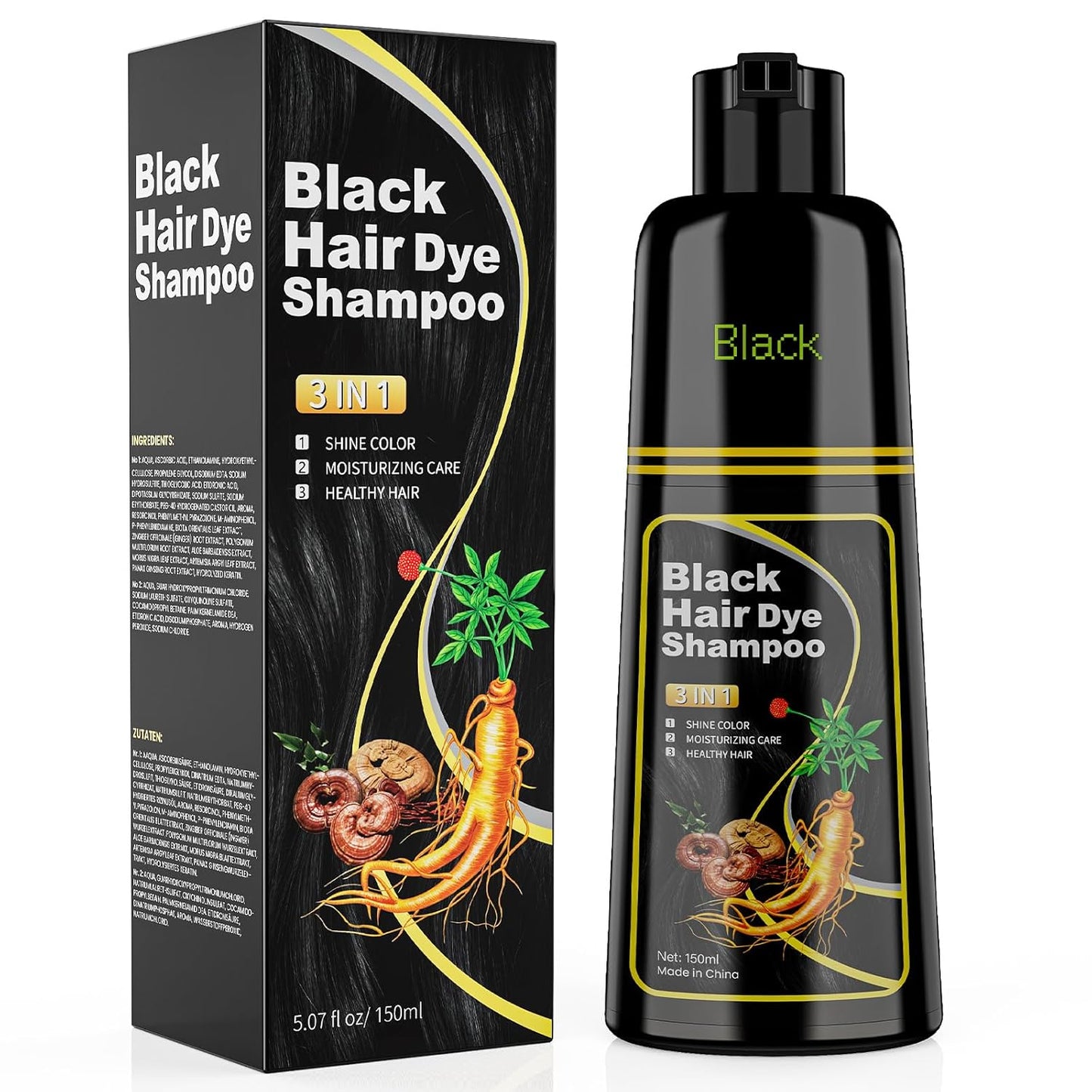 Black Hair Dye Shampoo - 3 in 1 Formula for Men & Women | 150ML Color Treatment