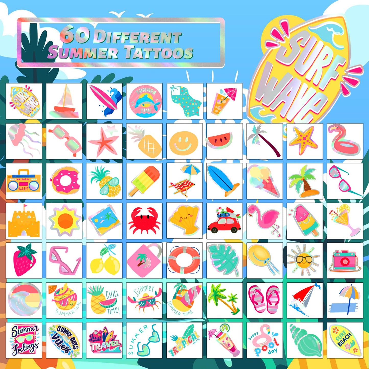 winthrop 120 Pcs Summer Temporary Tattoos for Kids, Metallic Foil Bronzing Style, Individually Wrapped Safety Waterproof Tattoos, Best Choice for Hawaiian Pool Beach Party Matching Game, 60 Designs