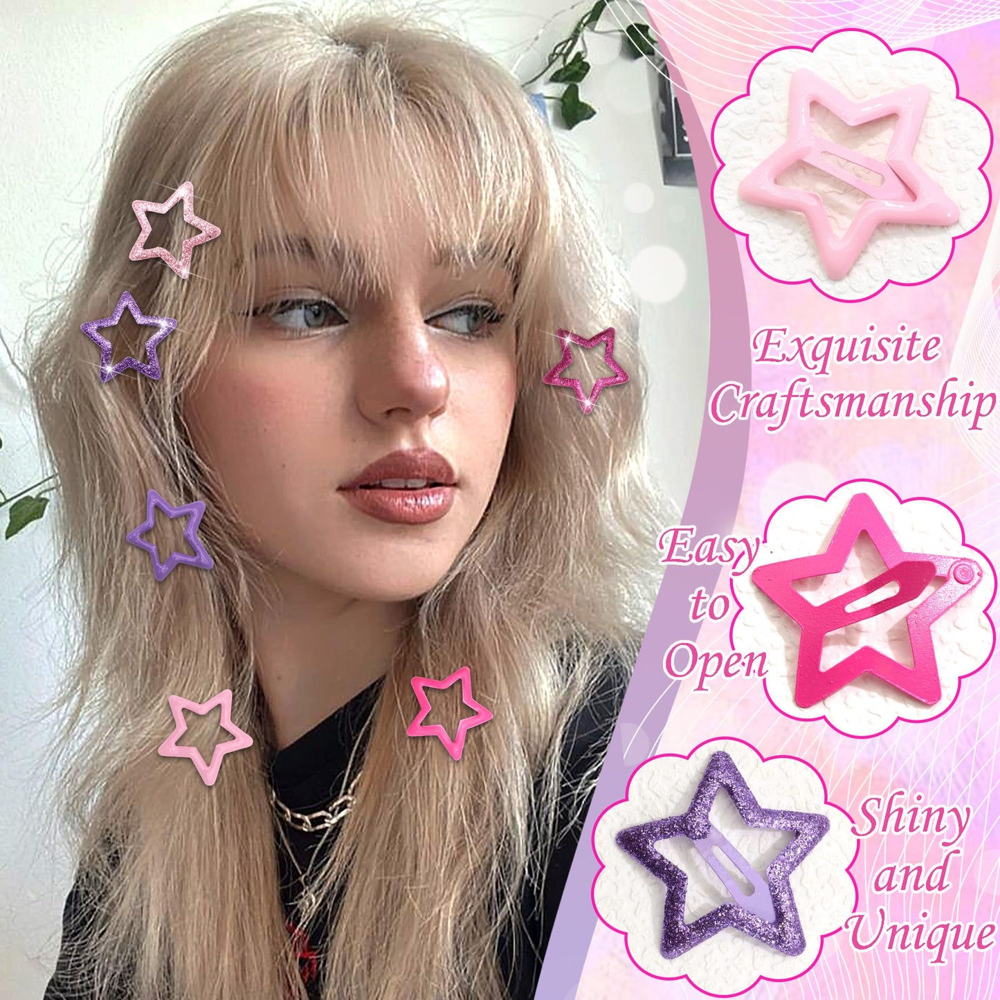 NAISKA 24PCS Purple Pink Star Hair Clips Kawaii Glitter Hair Barrettes 6 Styles Sequins Non Snap Clips for Girls Metal Hair Pins Y2K Accessories for Women