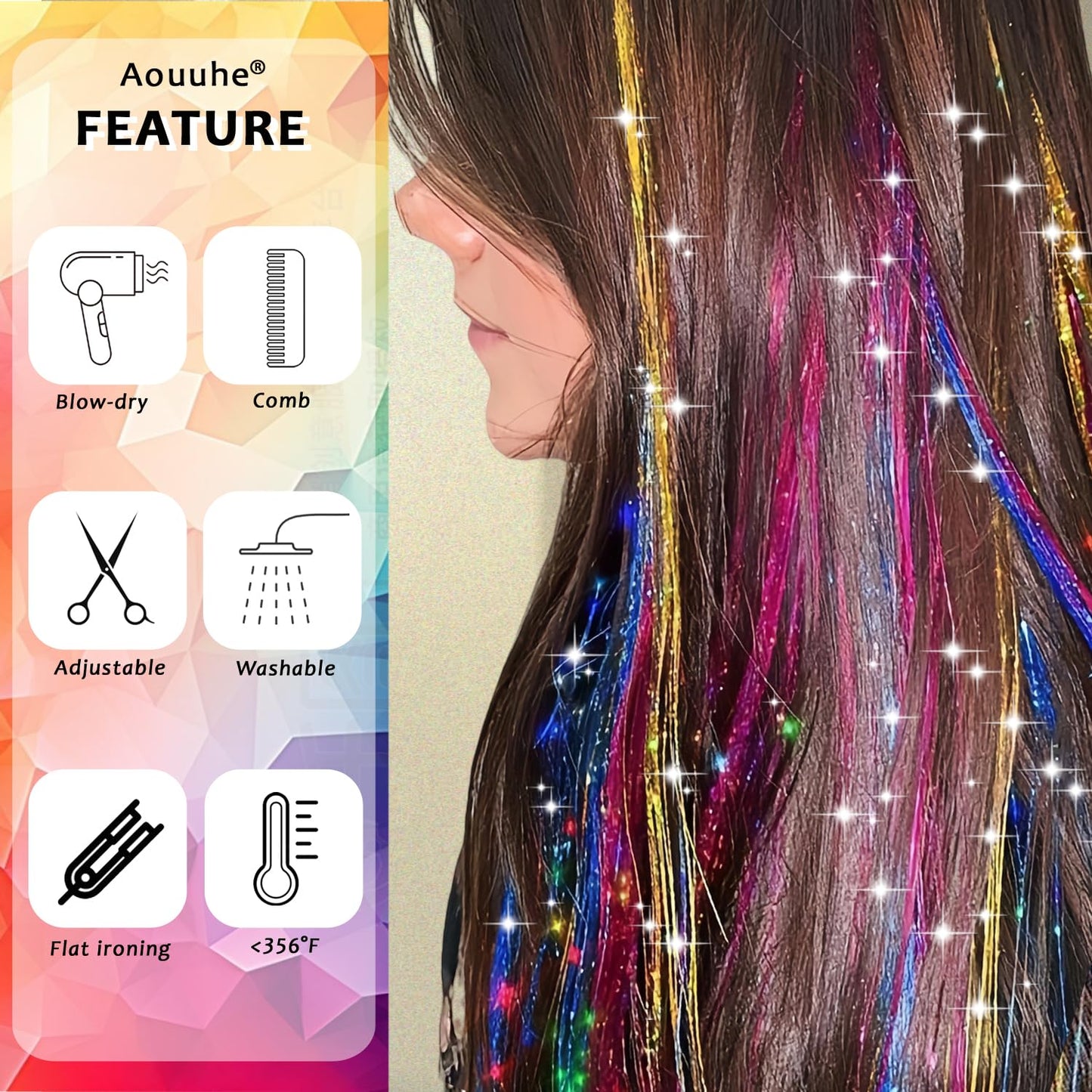 Hair Tinsel Kit - 24 Vibrant Colors, 9800 Strands, 48 Inch Glitter Hair Extensions | Festive Party Accessories for Women & Girls