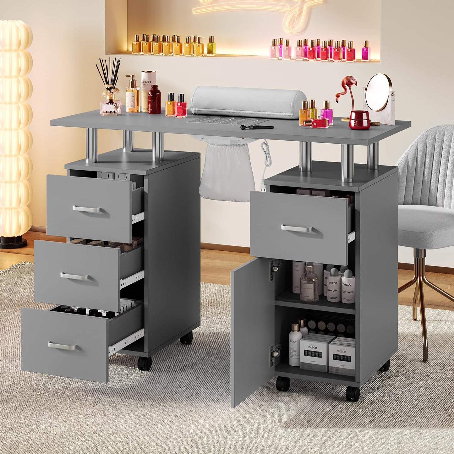 LEISULIF Mobile Manicure Table on Wheels, Portable Nail Desk with Storage - Pro Manicure Station with Dust Collector & Wrist Cushion, 4 Drawers Cabinet, Lockable Wheels for Salon Home - Grey