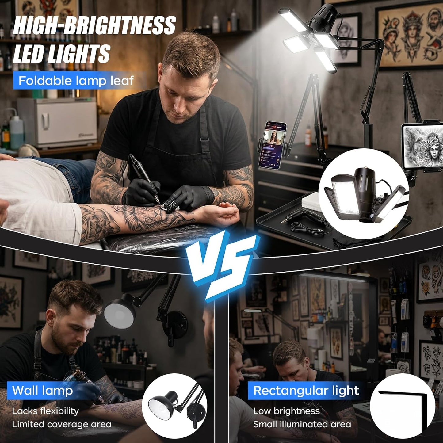 Tattoo Workstation - Multifunctional Tattoo Tray Cart with Light & Wheels | Mobile Phone & Tablet Holder, Magnetic Ink Tray
