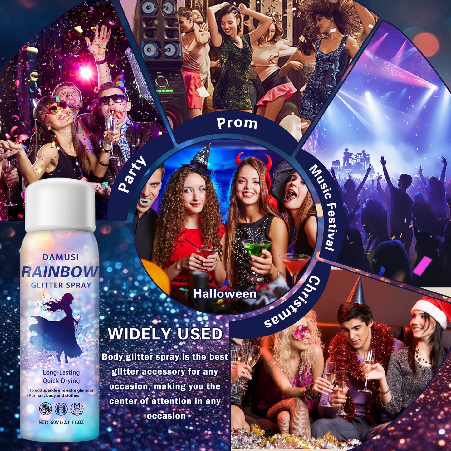 DAMUSI Silver Body Glitter Spray, Shiny Hair and Body Glitter Spray for Clothes, Holographic Glitter Hairspray Quick-Drying Long-Lasting Shimmer Highlighter Powder for Festival Concert Party Rave Prom