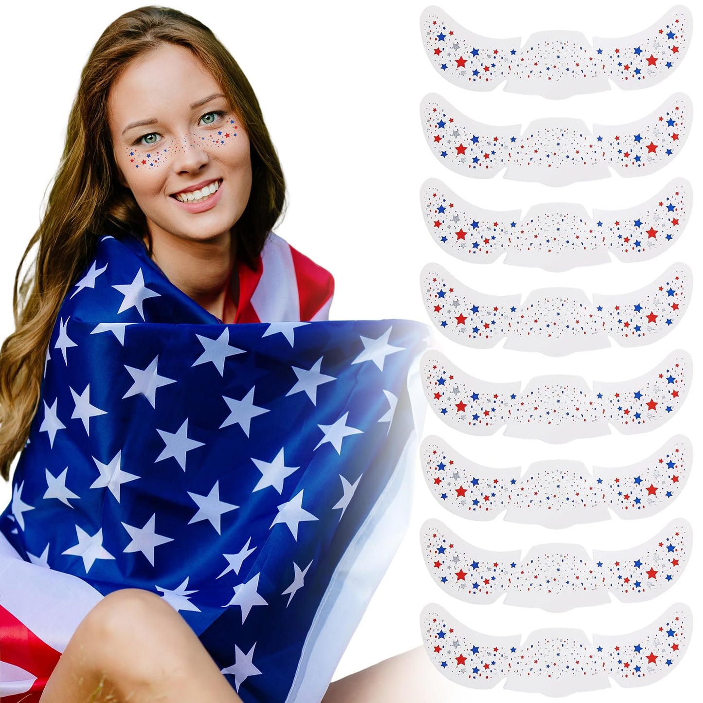 KALYFADIO 8Pcs 4th of July Face Tattoos,Red White and Blue Accessories,Glitter Freckles Face Tattoo,Patriotic Fourth of July Outfit for Women,USA Flag Star Freckles for Independence Day