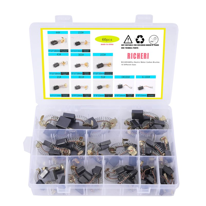 RICHERI 60 Pcs Electric Motor Carbon Brushes 10 Different Sizes for Replacement Repair Power Tool Part