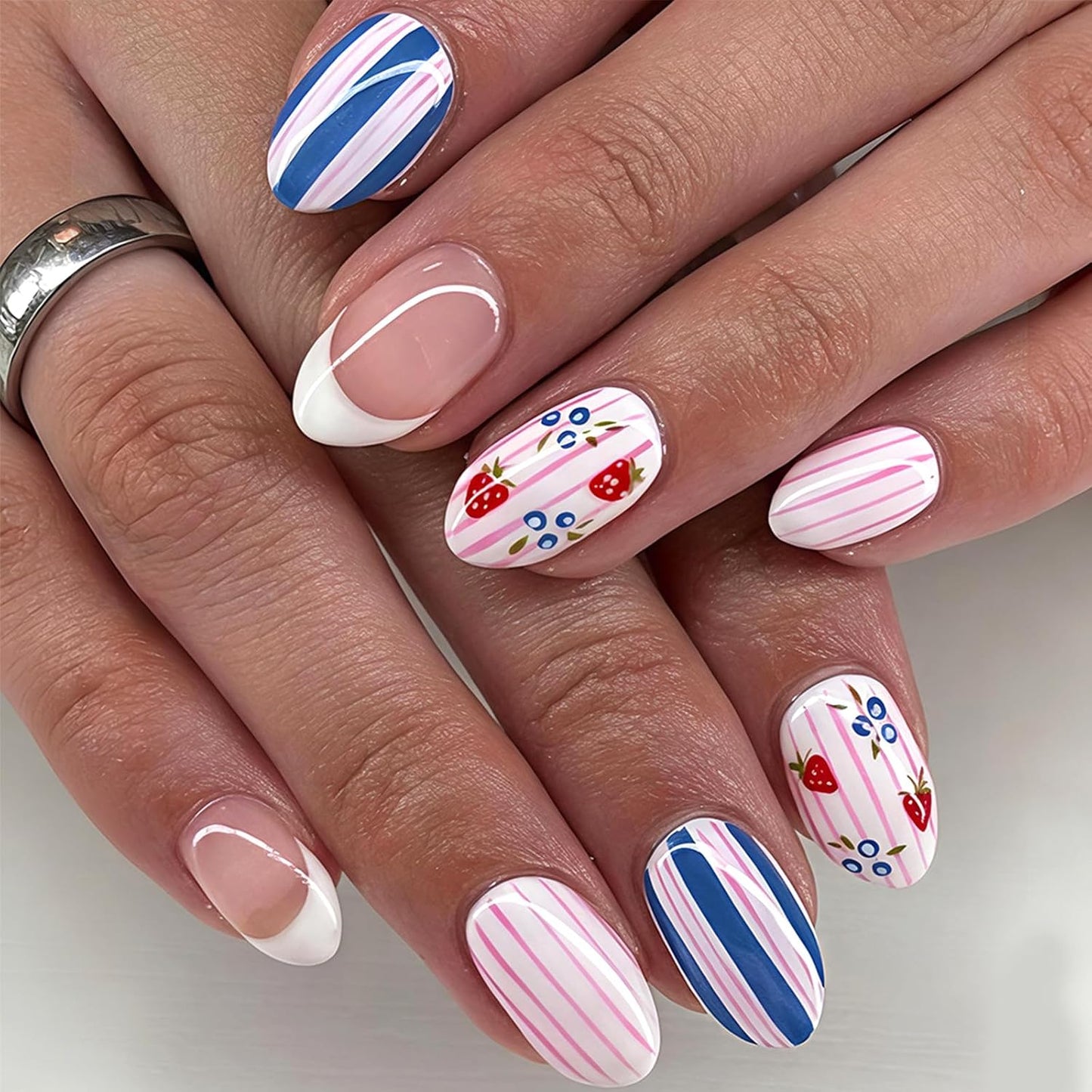 Almond Press-On Nails - Pink Coconut Tree Designs | Glossy Glitter Acrylic, 24 Pcs Reusable for Beach Vacation & Daily Wear