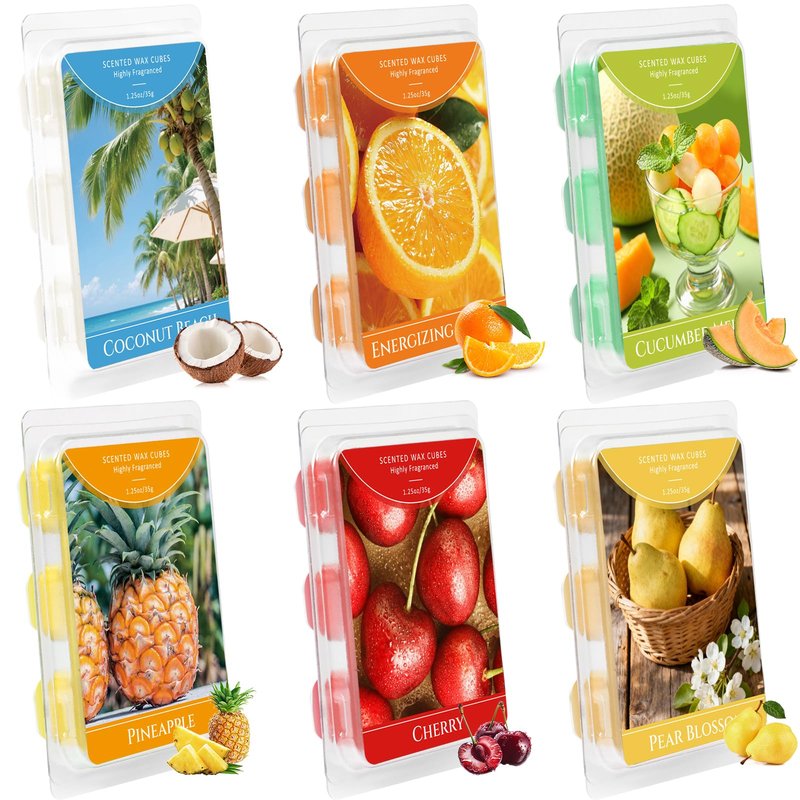 STRN Wax Melts, Soy Wax Cubes 6 Scents Cucumber Melon, Coconut Beach, Pear Blossom, Energizing Citrus, Spring and Summer Scented Long-Lasting Home Fragrance for Wax Warmers, Yoga, 1.25 OZ * 6 Packs