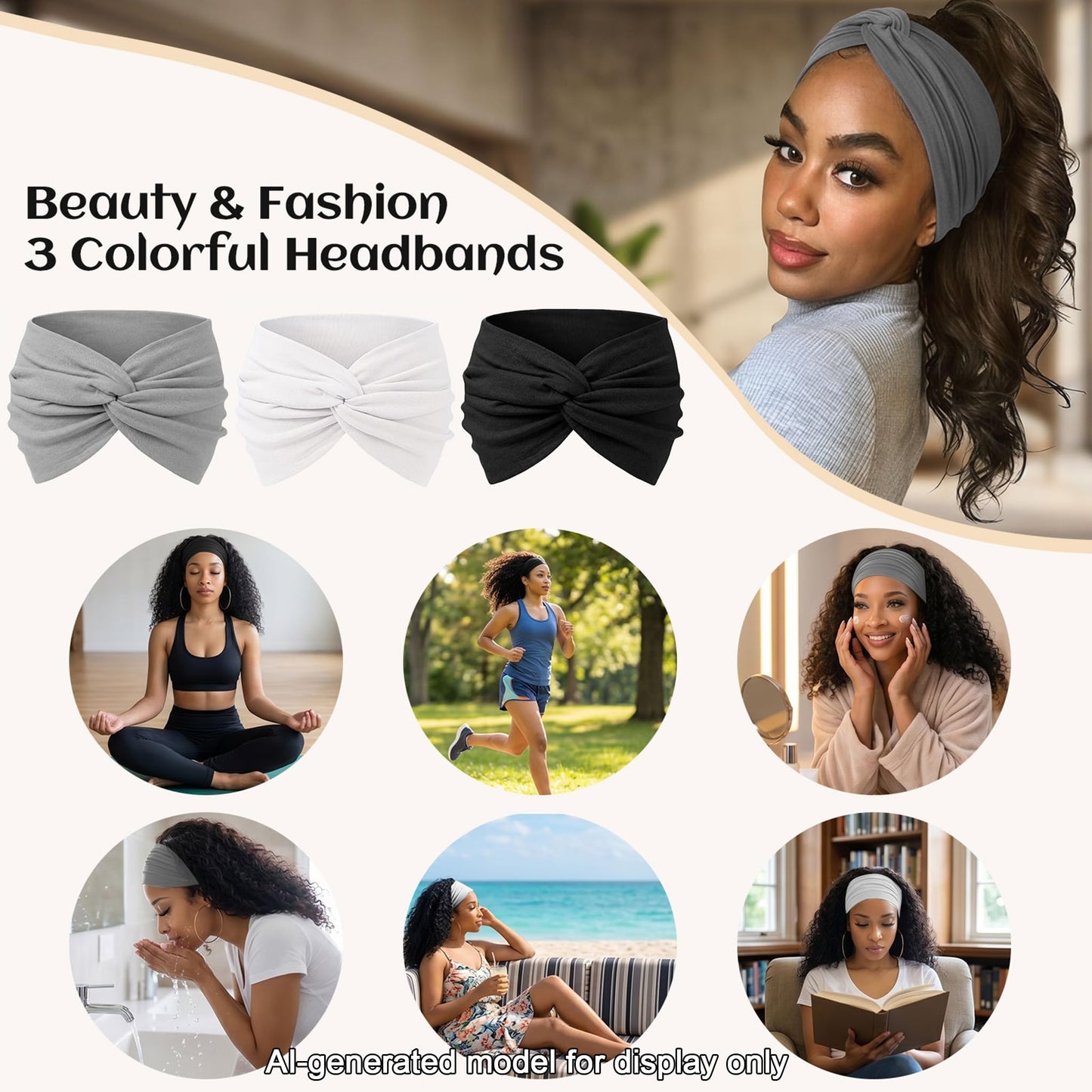 WENNKINN 7-Inch Wide Headbands for Women – 3 Pack Soft Thick Turban Hair Bands, Bandana-Style Head Wraps for Workout Yoga Sleep, Fashion Accessories with 6 Pcs Hair Ties-Ash, White, Black