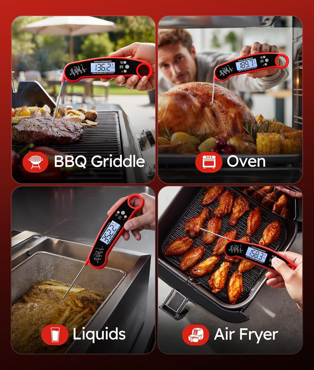 Digital Meat Thermometer - Instant Read Cooking Thermometer for Grilling, BBQ, Air Fryer | Red Color